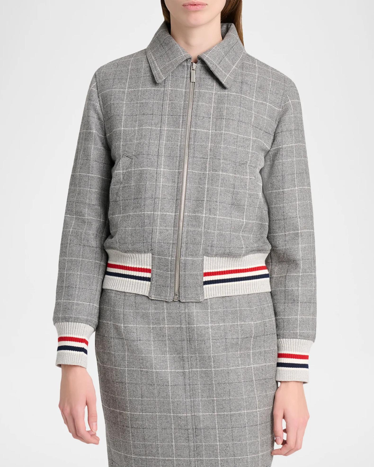 Thom Browne Windowpane Check Wool Zip Jacket With Stripe Trim