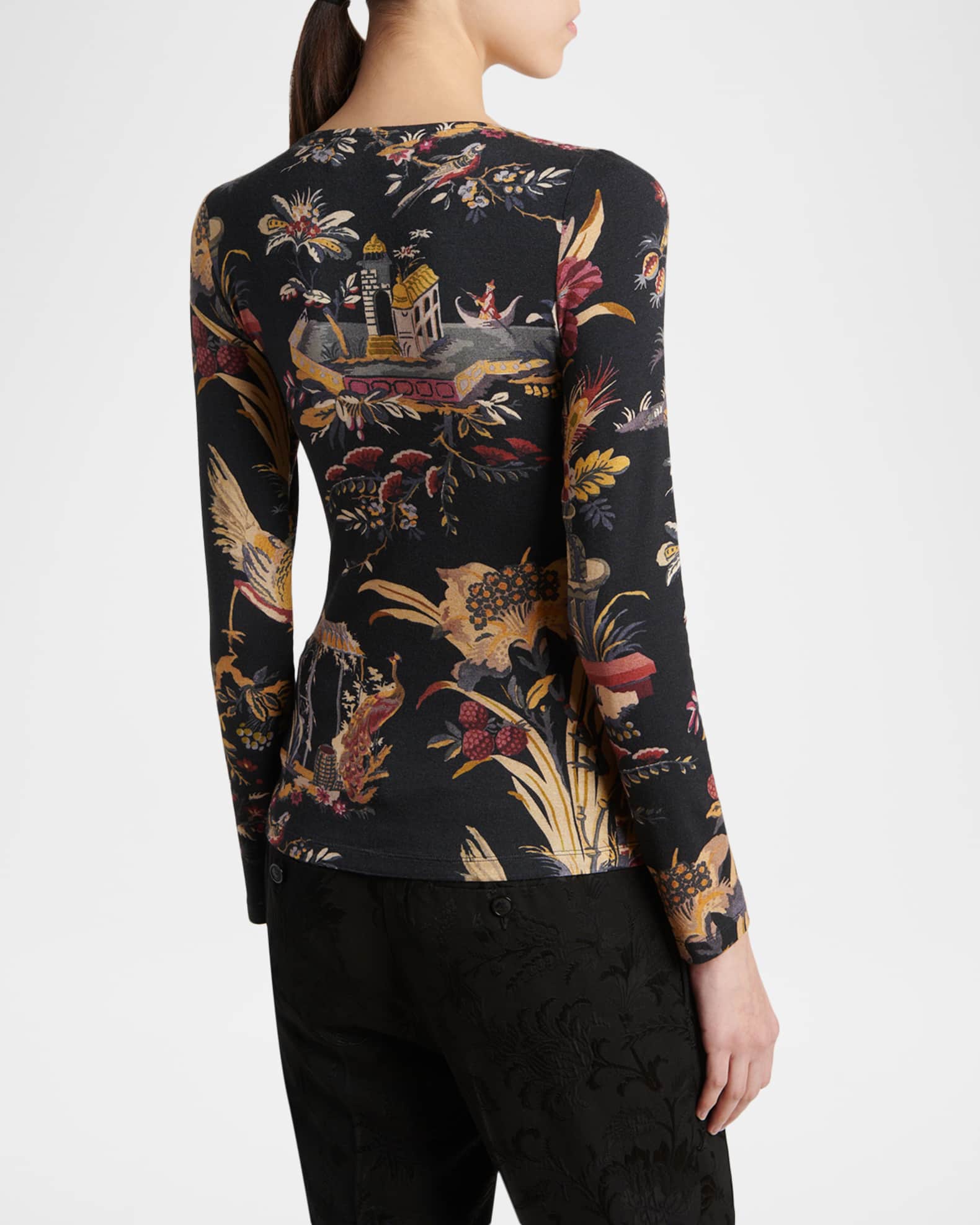 Etro Floral-Print Long-Sleeve Jersey Top | Neiman Marcus