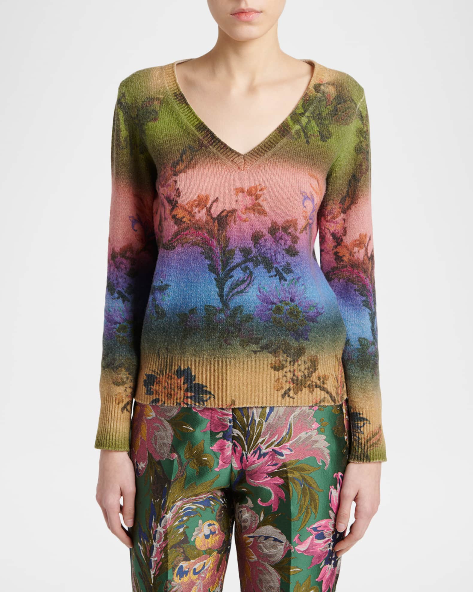 Etro Degrade Floral-Print Wool V-Neck Sweater | Neiman Marcus