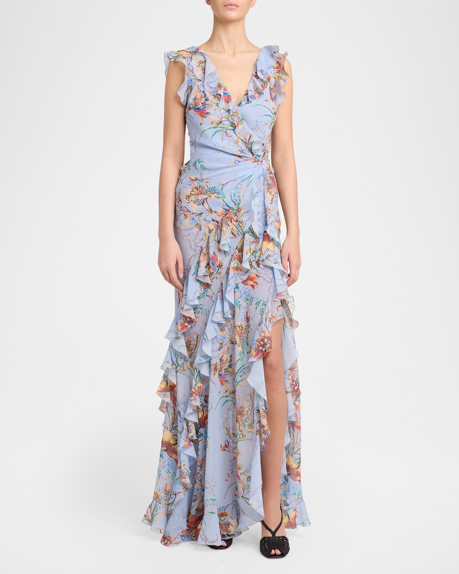 asymmetrical floral slit dress Etro Women's Printed Ruffle-Trimmed Maxi - Printed Blue Primary colour:Yellow Monse Asymmetrical Floral Slit colour: navy-square-neck-a-line-midi-dress Zipper Back Fully Lined