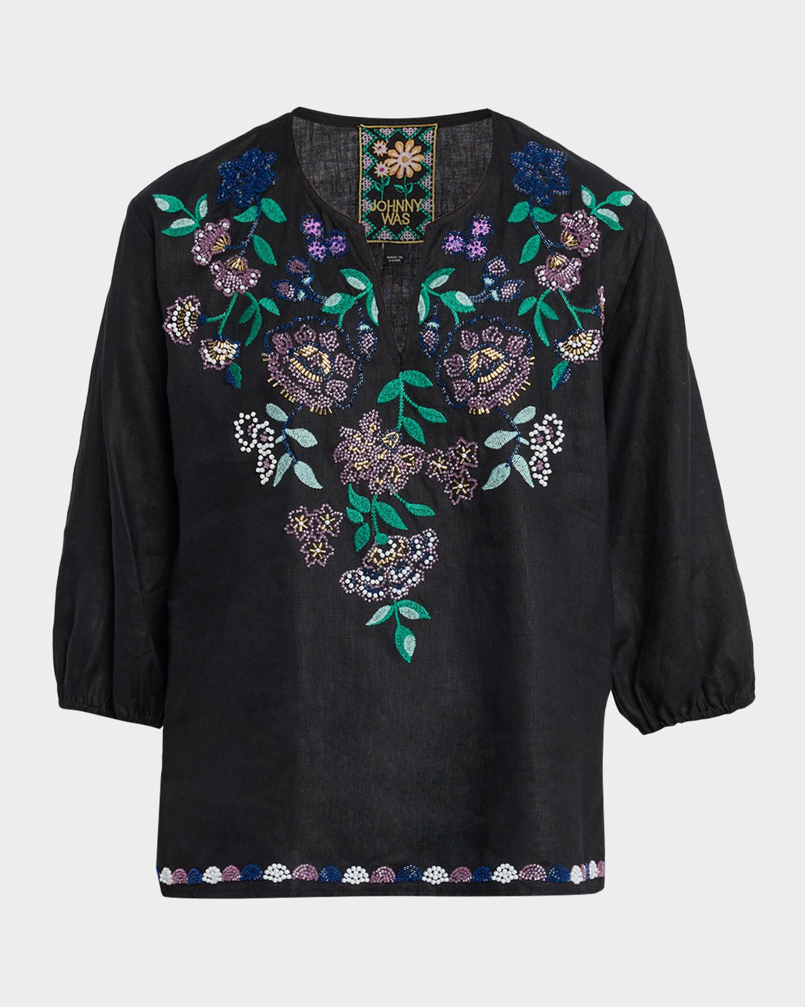 Johnny Was Beaded Floral Split-Neck Linen Blouse | Neiman Marcus