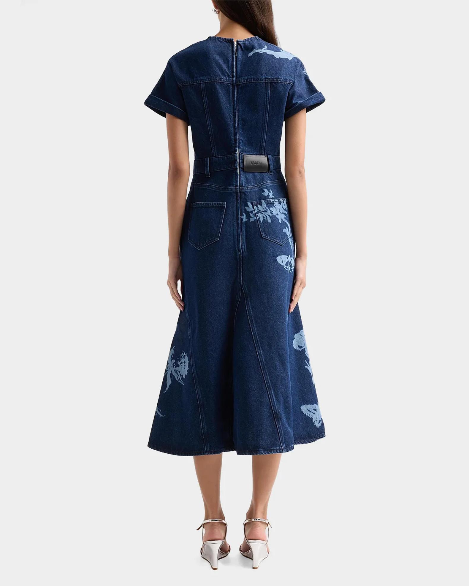 erdem denim dress Floral Midi Color:Vintage Stonewashed Indigo CALOOK BABEYOND Off Shoulder Sequin Embroidered denim FIT Model measurements