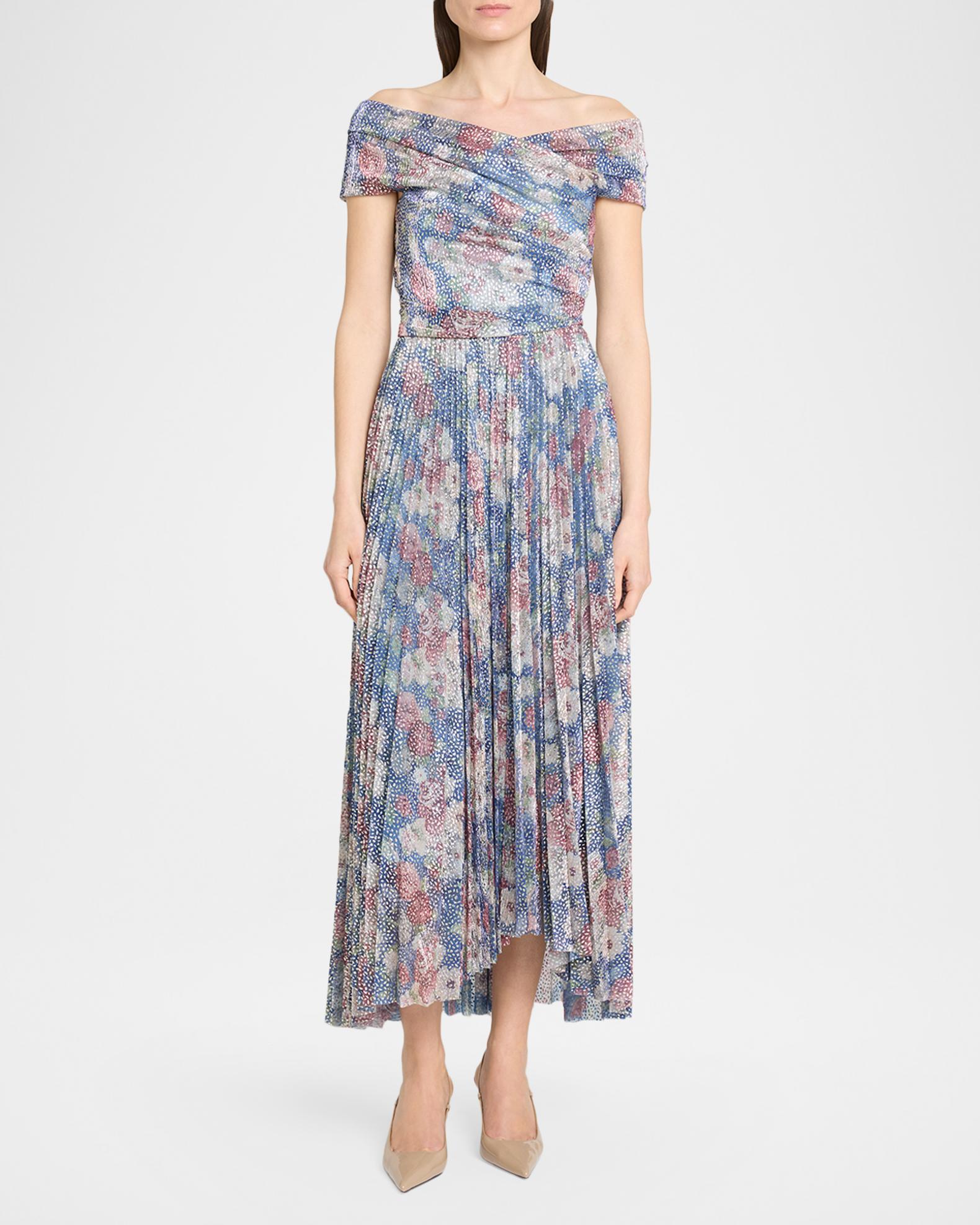 Talbot Runhof Off-The-Shoulder Metallic Floral Voile Pleated Midi Cocktail Dress
