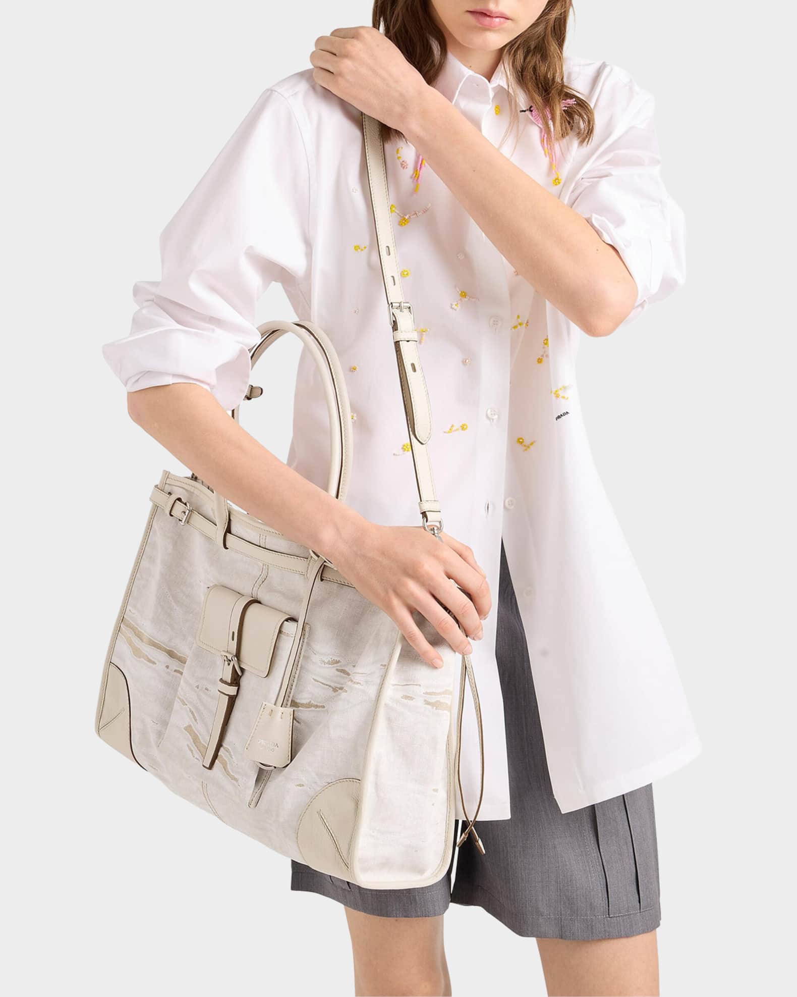 Prada Bonnie Large Printed Linen and Leather Tote Bag | Neiman Marcus