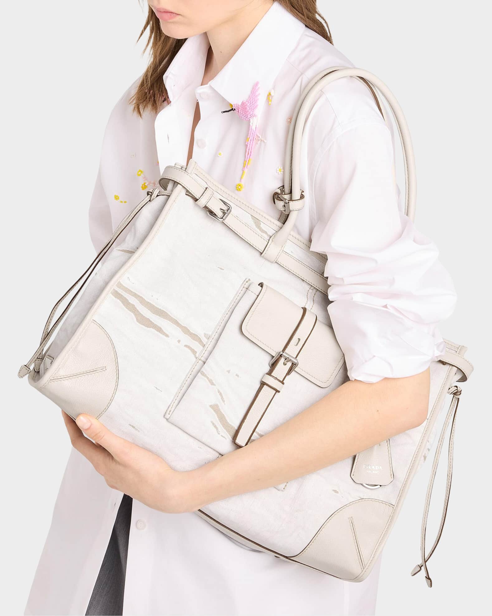 Prada Bonnie Large Printed Linen and Leather Tote Bag | Neiman Marcus