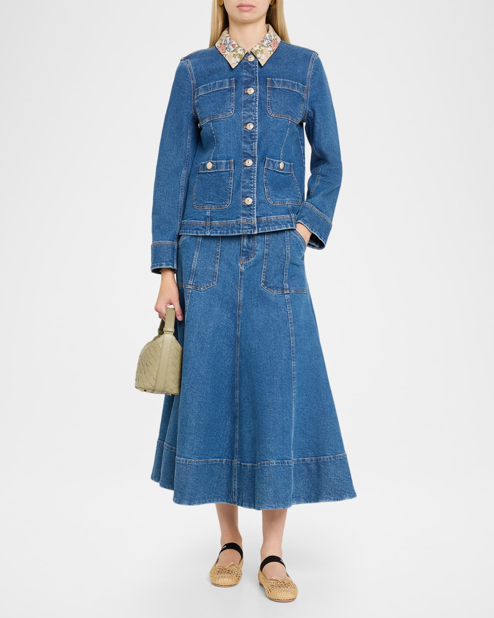 Cinq a Sept Dalton Floral-Collar Denim Jacket | Neiman Marcus