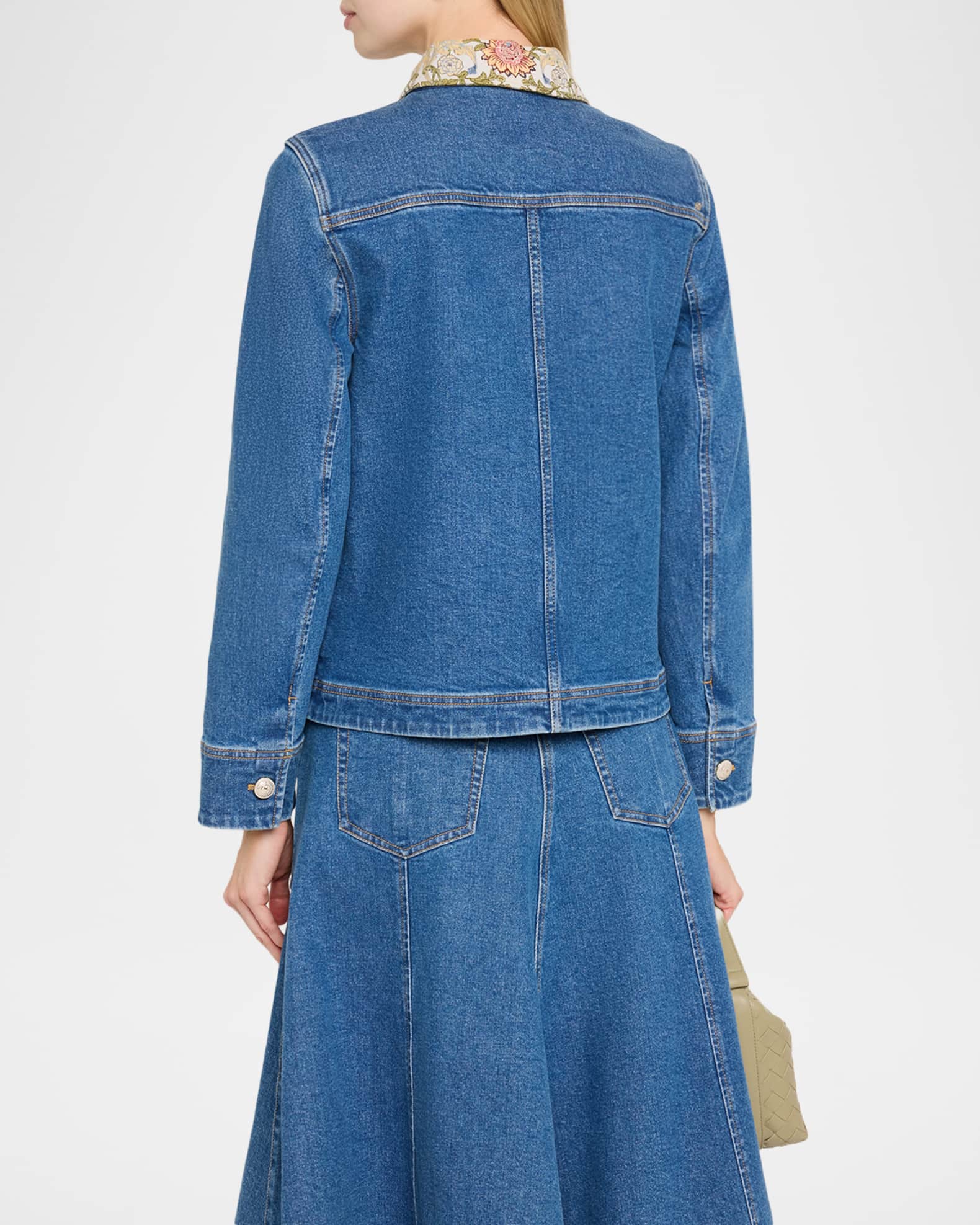 Cinq a Sept Dalton Floral-Collar Denim Jacket | Neiman Marcus