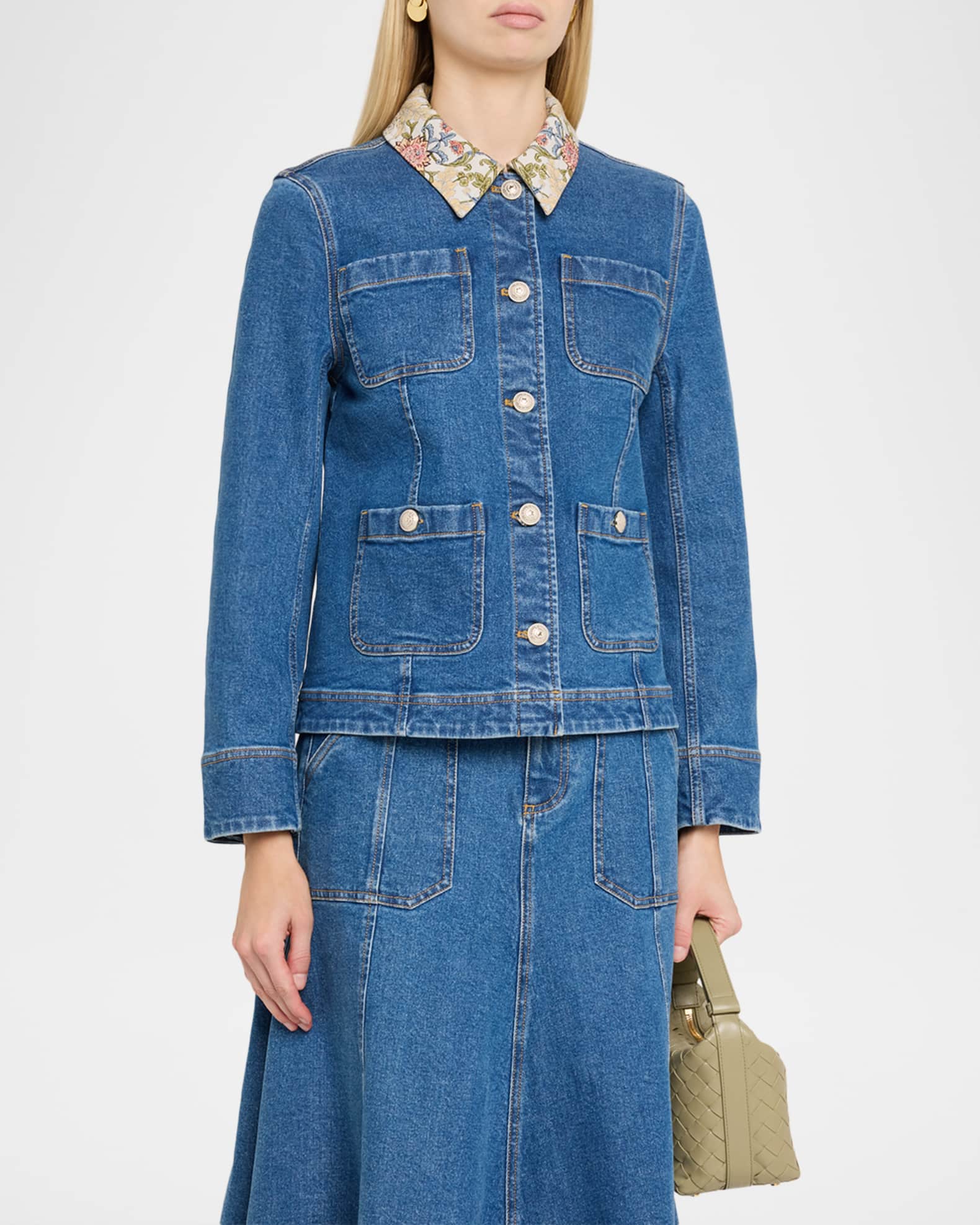 Cinq a Sept Dalton Floral-Collar Denim Jacket | Neiman Marcus