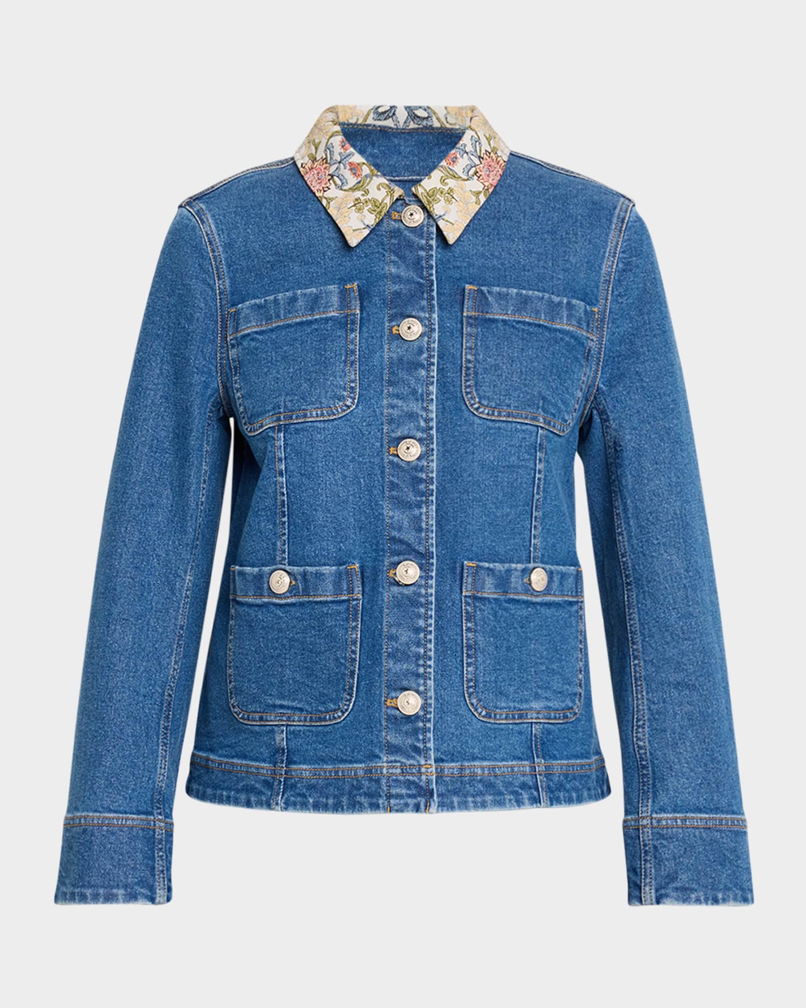 N*e様 arulee v-collar denim jacket Cinq a Sept Dalton Floral-Collar Denim Jacket | Neiman Marcus