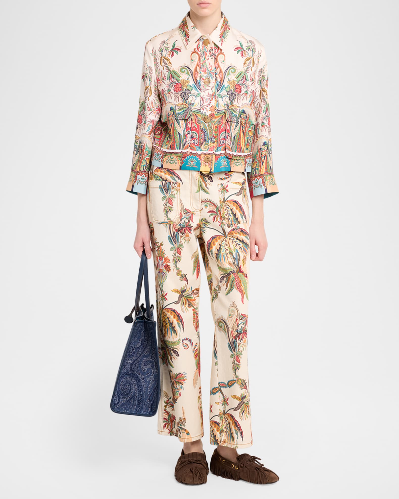 ETRO ペイズリーモノグラムコート BRN/F Etro Paisley-Print Silk Cropped Jacket | Neiman Marcus