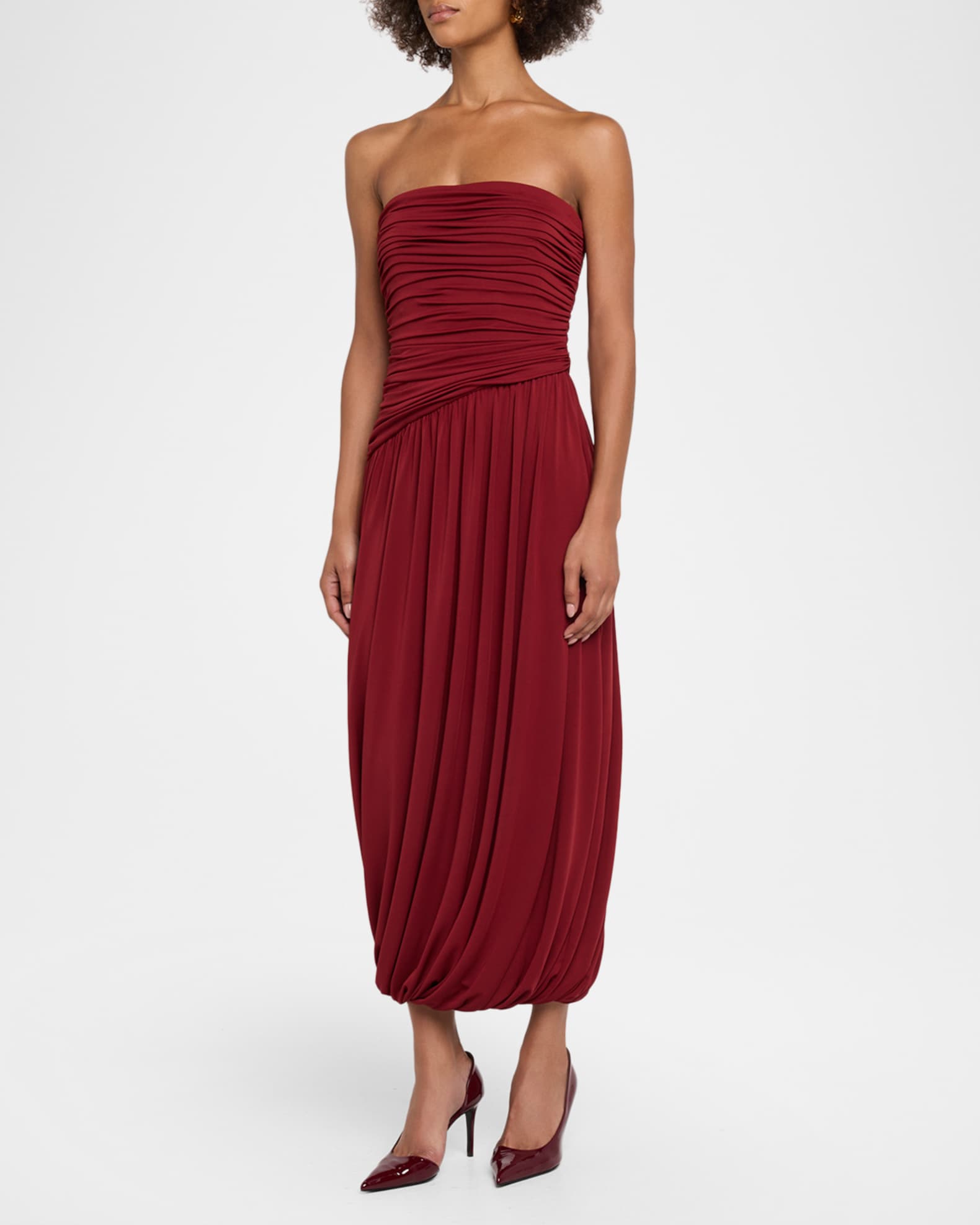 red strapless midi dress Clothing : Dresses : 'Elizabeth' Italian Tomato Midi Sundress from center back Zafira Strapless Midi Dress Magenta