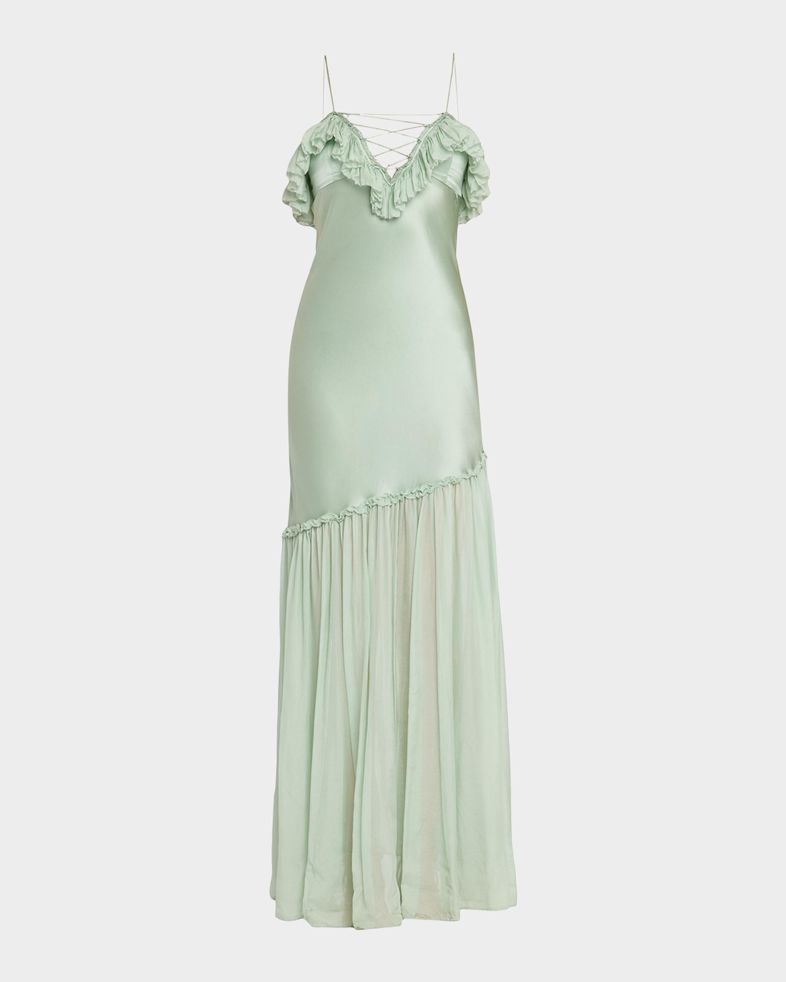 ulla johnson green silk dress Elaria Cami Gown With Lace Up in pleated dresses for weddings