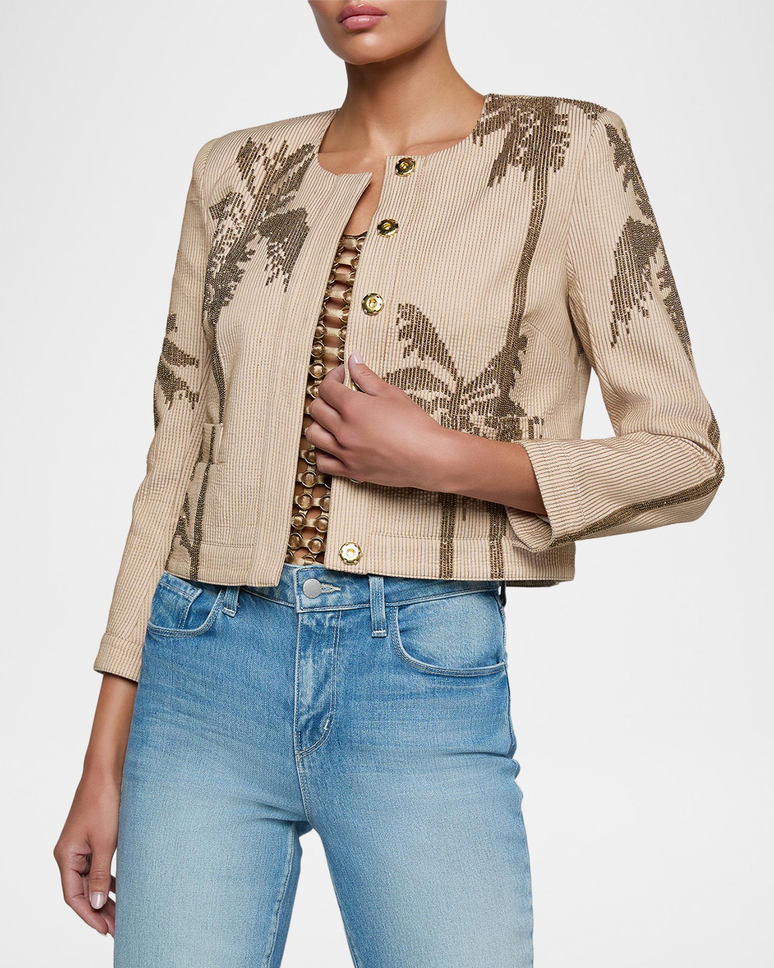 L'AGENCE Lian Palm Tree Beaded Crop Jacket | Neiman Marcus