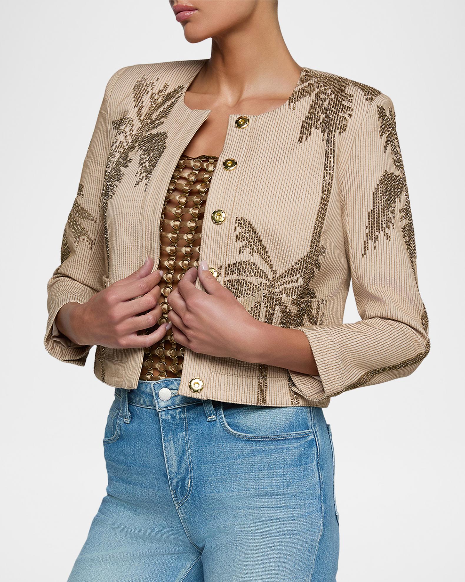 L'AGENCE Lian Palm Tree Beaded Crop Jacket | Neiman Marcus