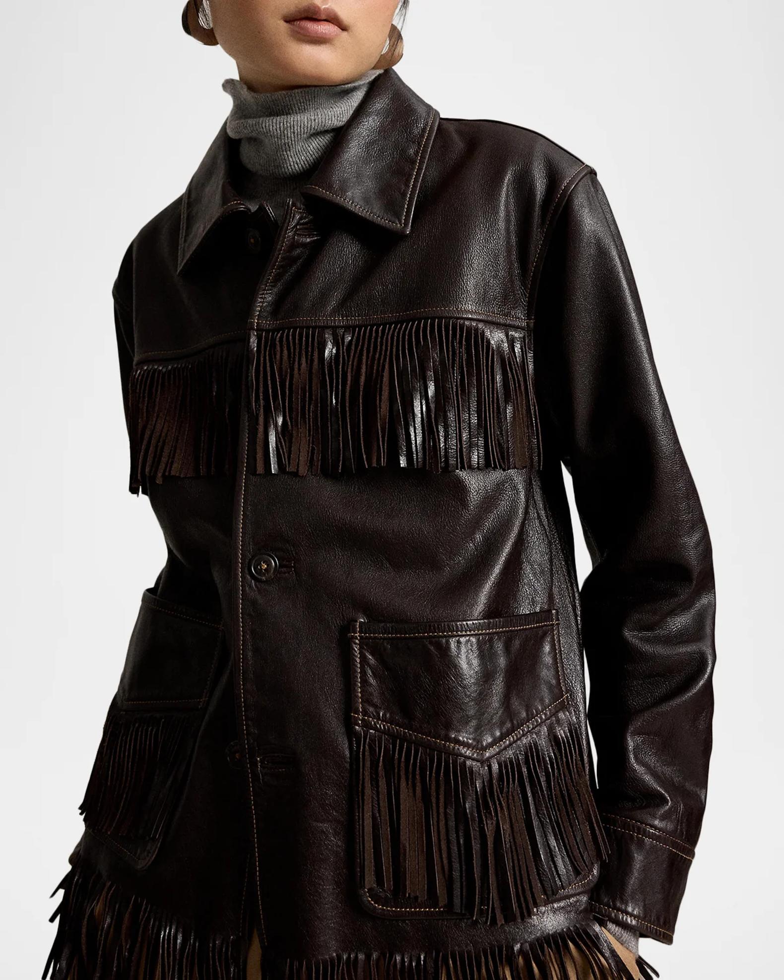 Polo Ralph Lauren Fringed Leather Button-Front Jacket | Neiman Marcus