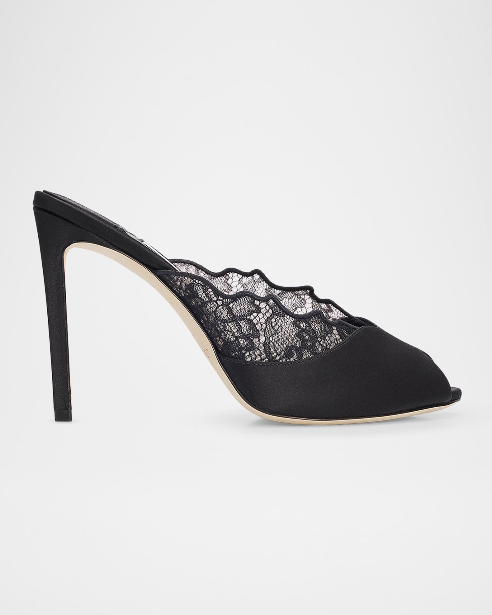 Jimmy Choo Brigitte 100mm Lace & Satin Peep-Toe Mules | Neiman Marcus