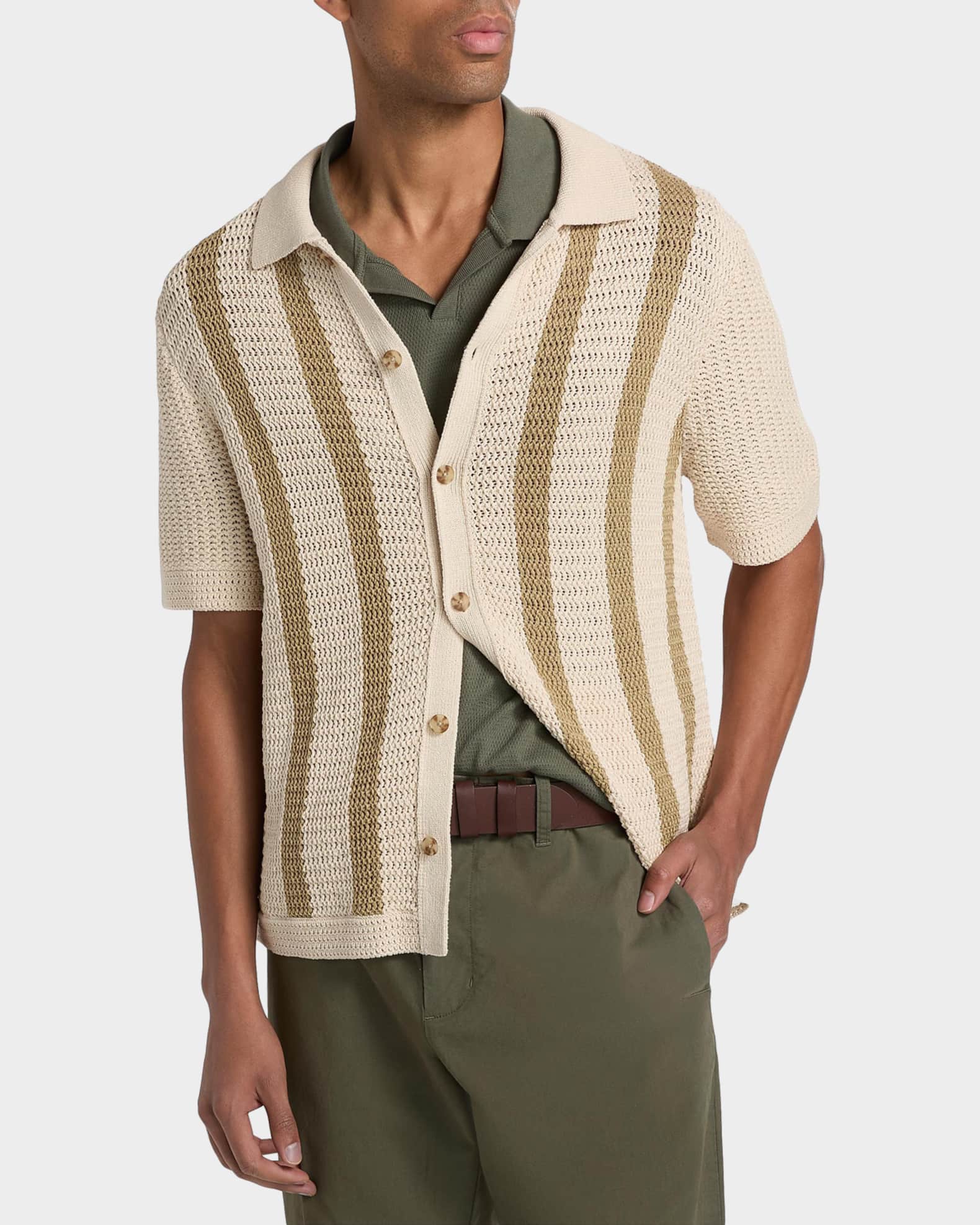 【MLVINCE】CROCHET S/S SHIRTS Vince Men's Cotton Stripe Crochet Short-Sleeve Shirt | Neiman Marcus