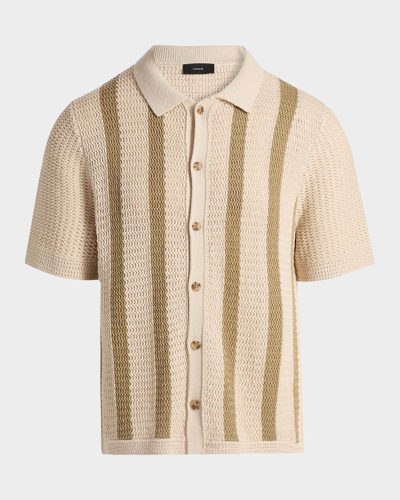 Vince Men's Cotton Stripe Crochet Short-Sleeve Shirt | Neiman Marcus