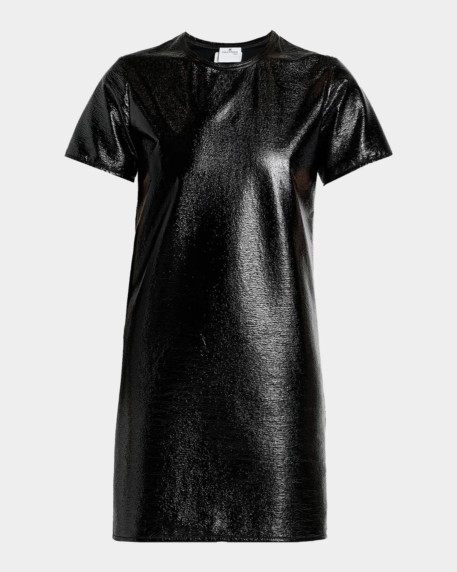 vinyl black mini dress Courreges Shiny Short-Sleeve revealing ultra low cut dress