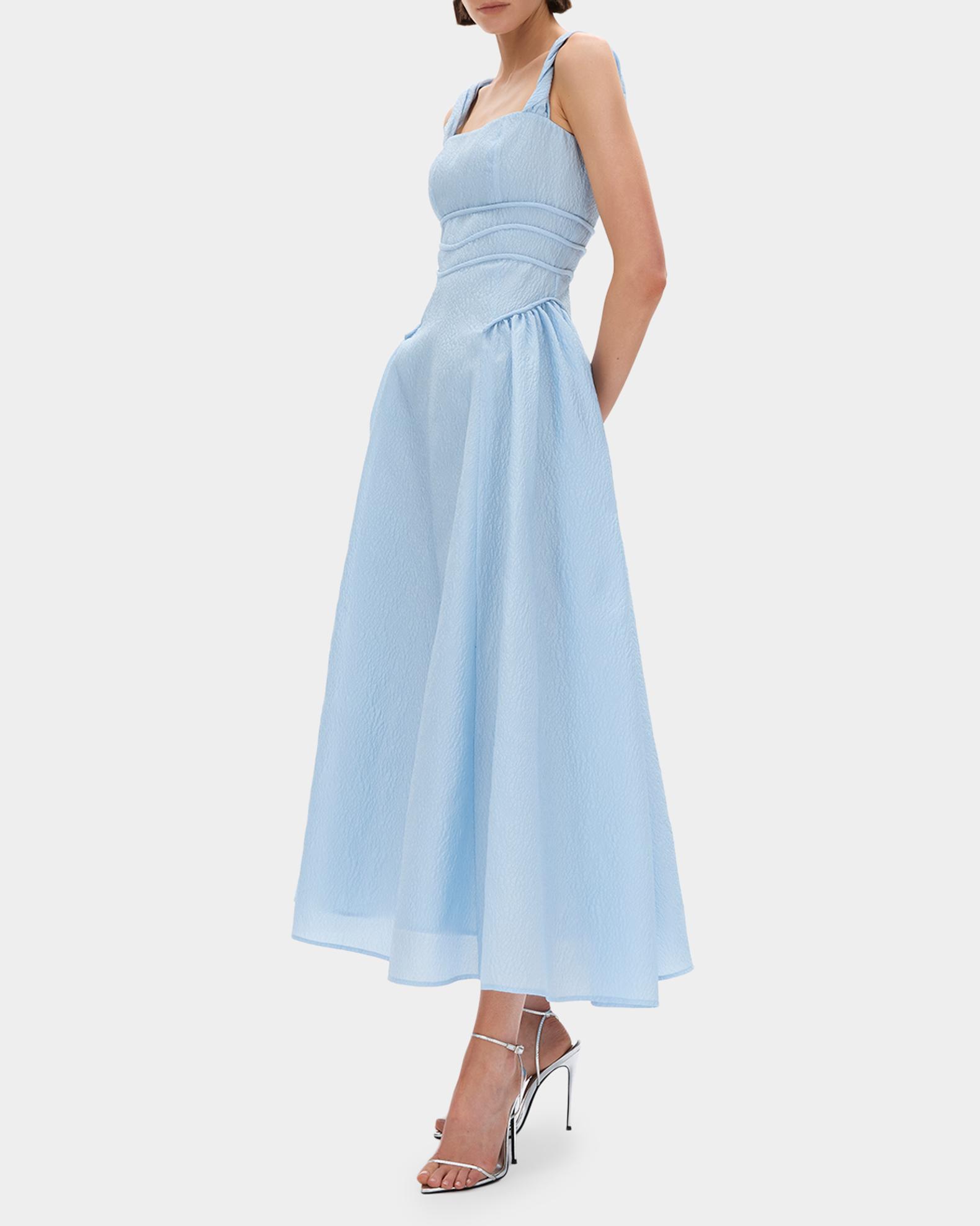 pale blue tea length dress Rachel Gilbert Sophia Strap Textured Jacquard Tea-Length Dress, Sky Blue, Women's, 3 Color:Candy_Pink Three hook and eye Night out KissProm V-Neck Long Sleeve