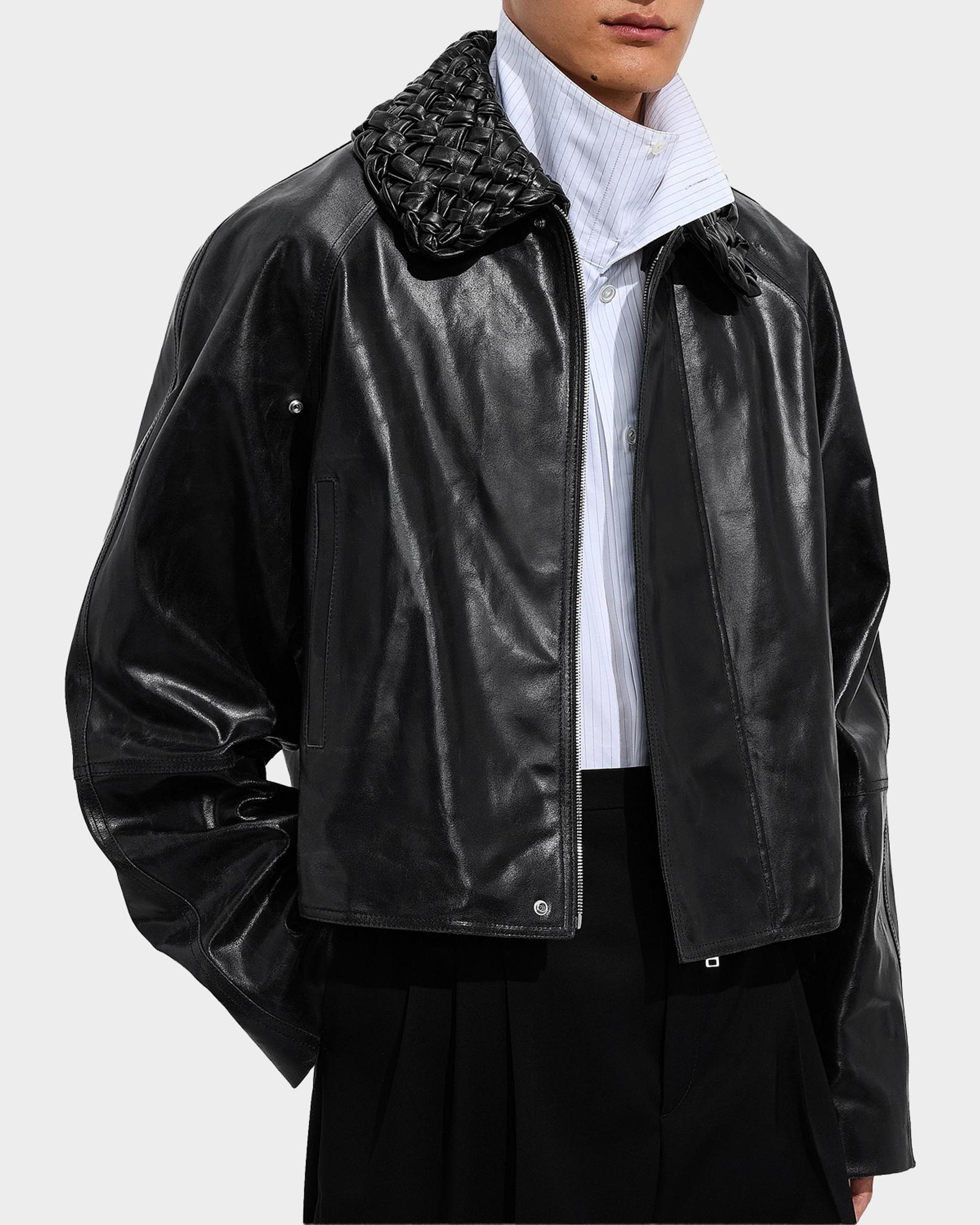 Bottega Veneta Men's Intrecciato-Collar Leather Jacket | Neiman Marcus