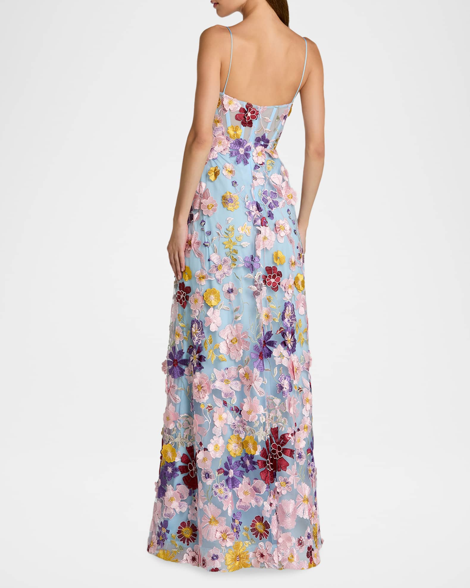 Mac Duggal - Blue Spaghetti Strap Floral Embroidered A-Line Gown - Powder Blue Multi / US 2