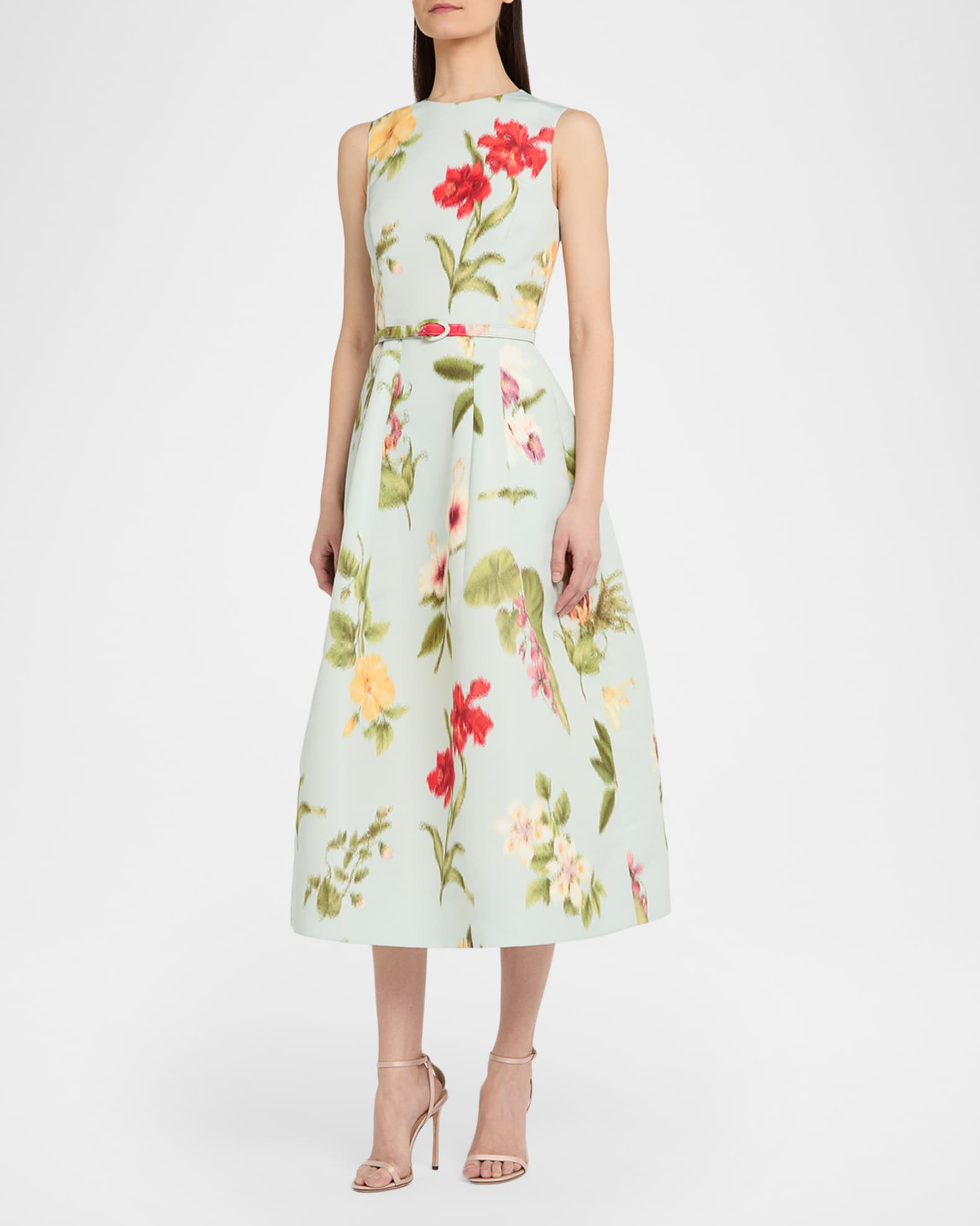 printed belted midi dress Floral-Print Belted Midi Dress in Cream/Yellow
