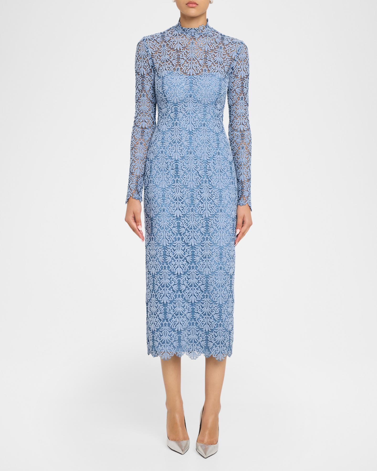 Lela Rose Chenille Lace Long-Sleeve Midi Dress | Neiman Marcus