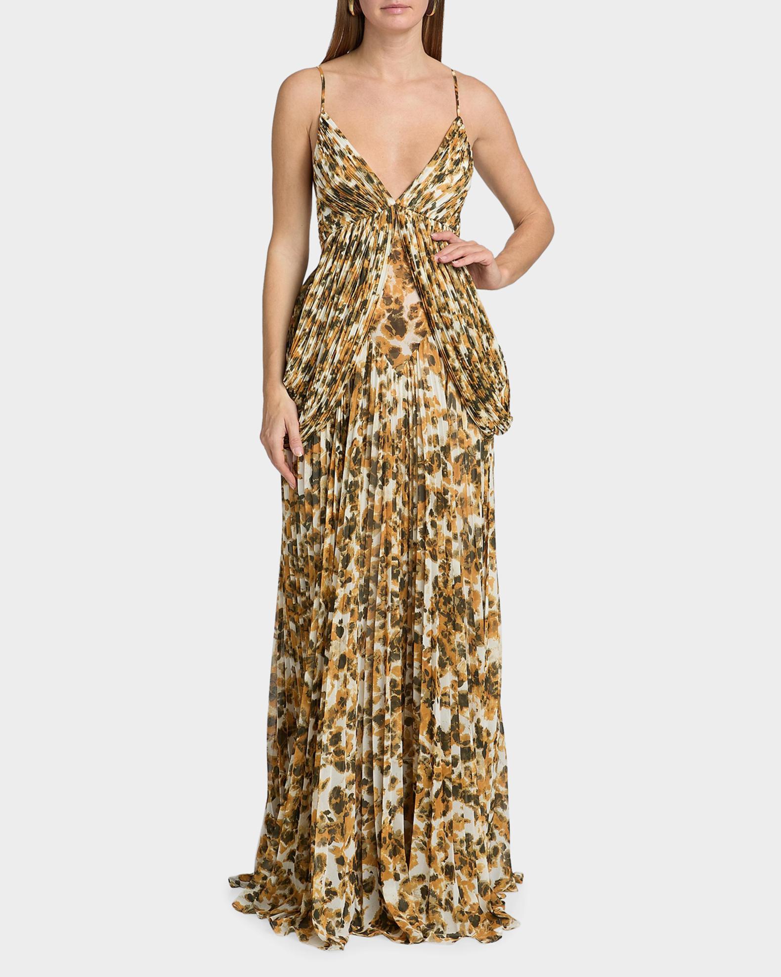 micaah formal dresses Et Ochs Women's Micah Abstract Chiffon Pleated Gown - Golden Multi fitted corset formal gown