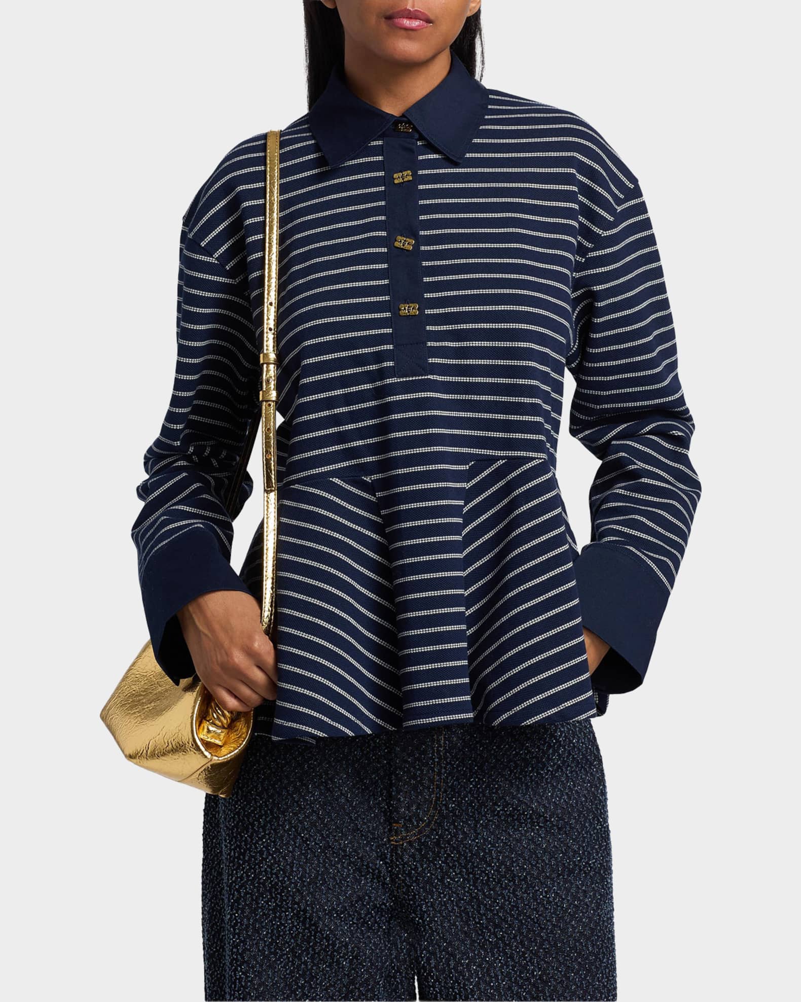 Ganni Striped Single Piqué Cotton Peplum Top | Neiman Marcus
