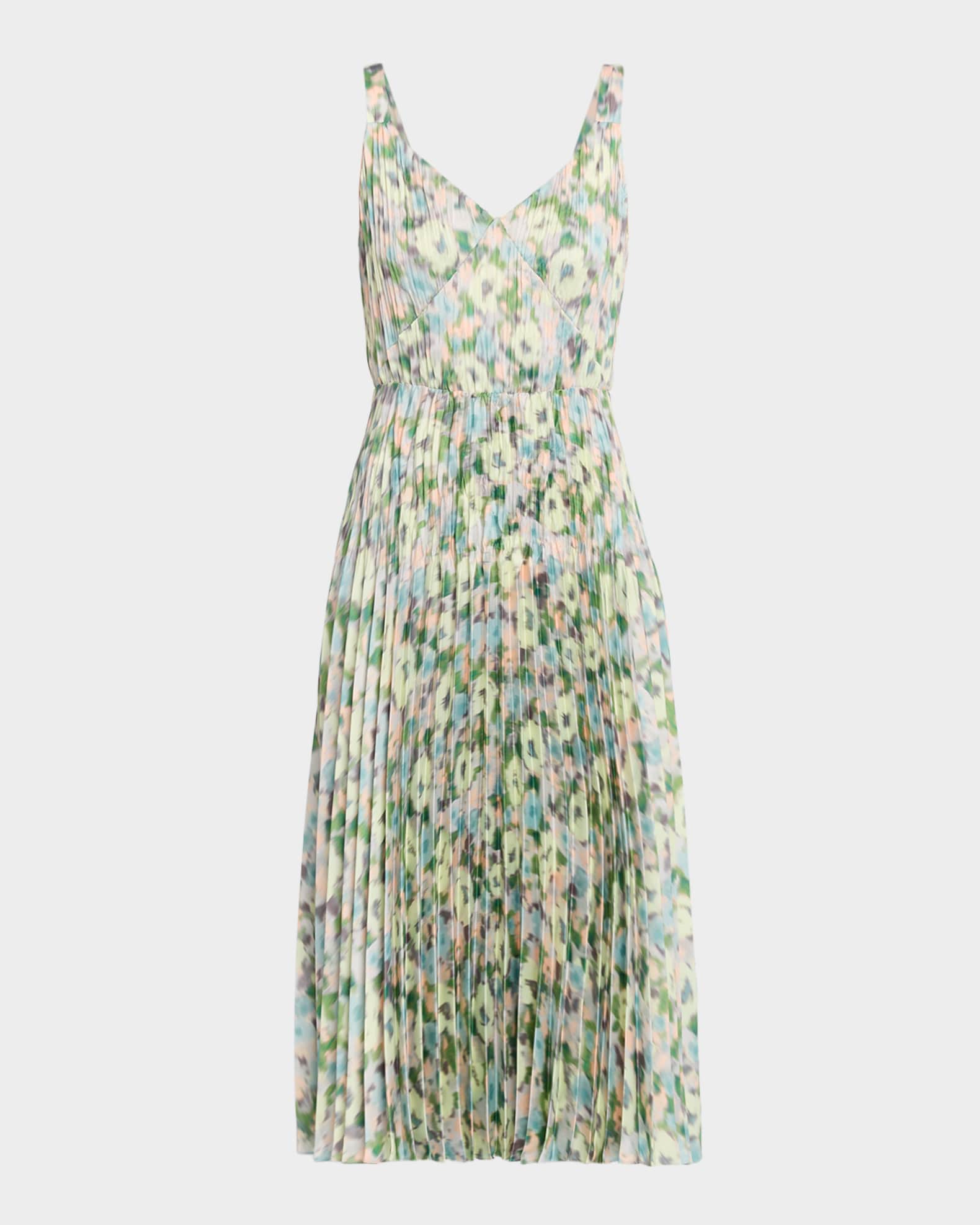 Vince Pleated Painted Garden V-Neck Midi Dress | Neiman Marcus