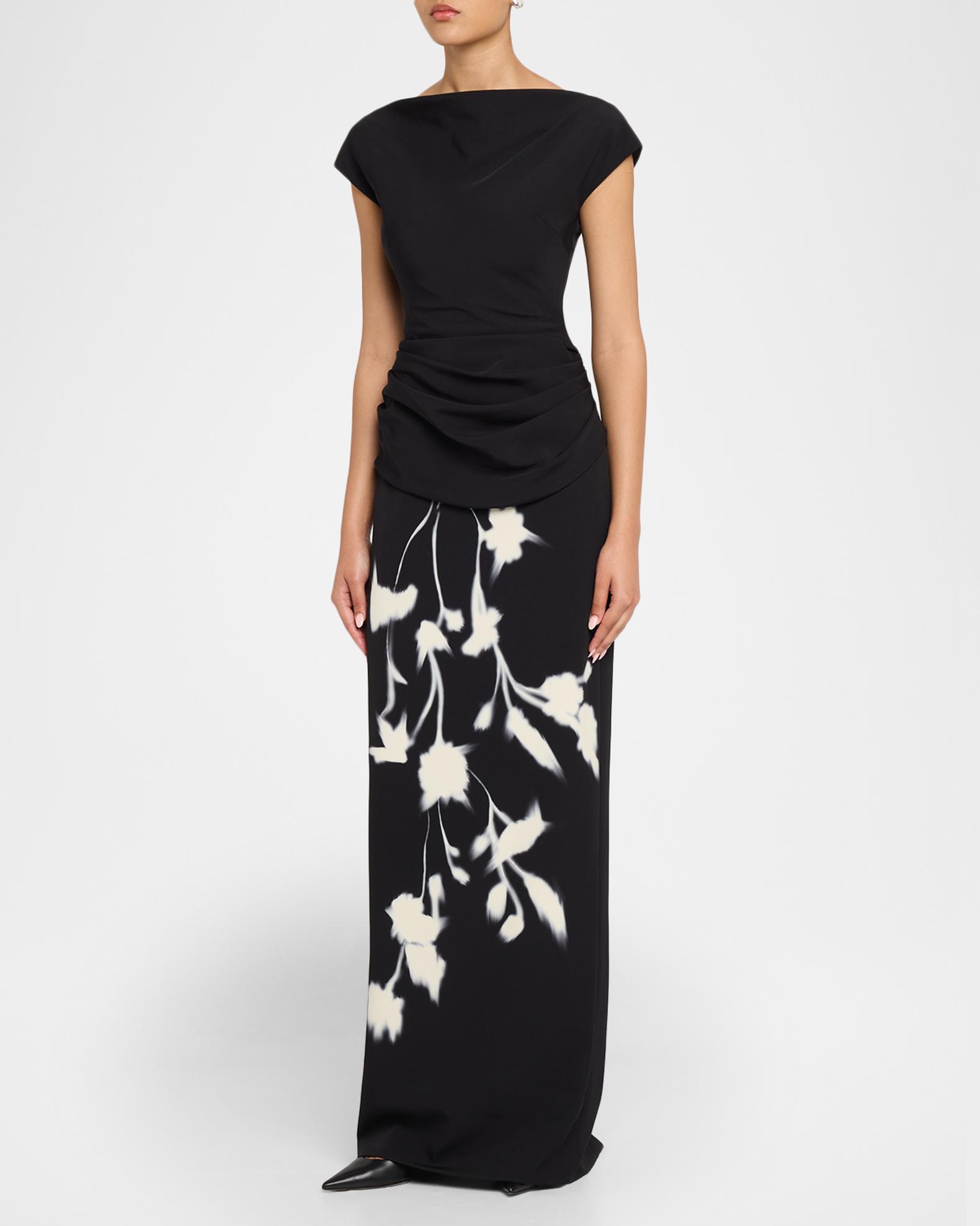 Lela Rose Floral Crepe Boat-Neck Draped Column Gown | Neiman Marcus