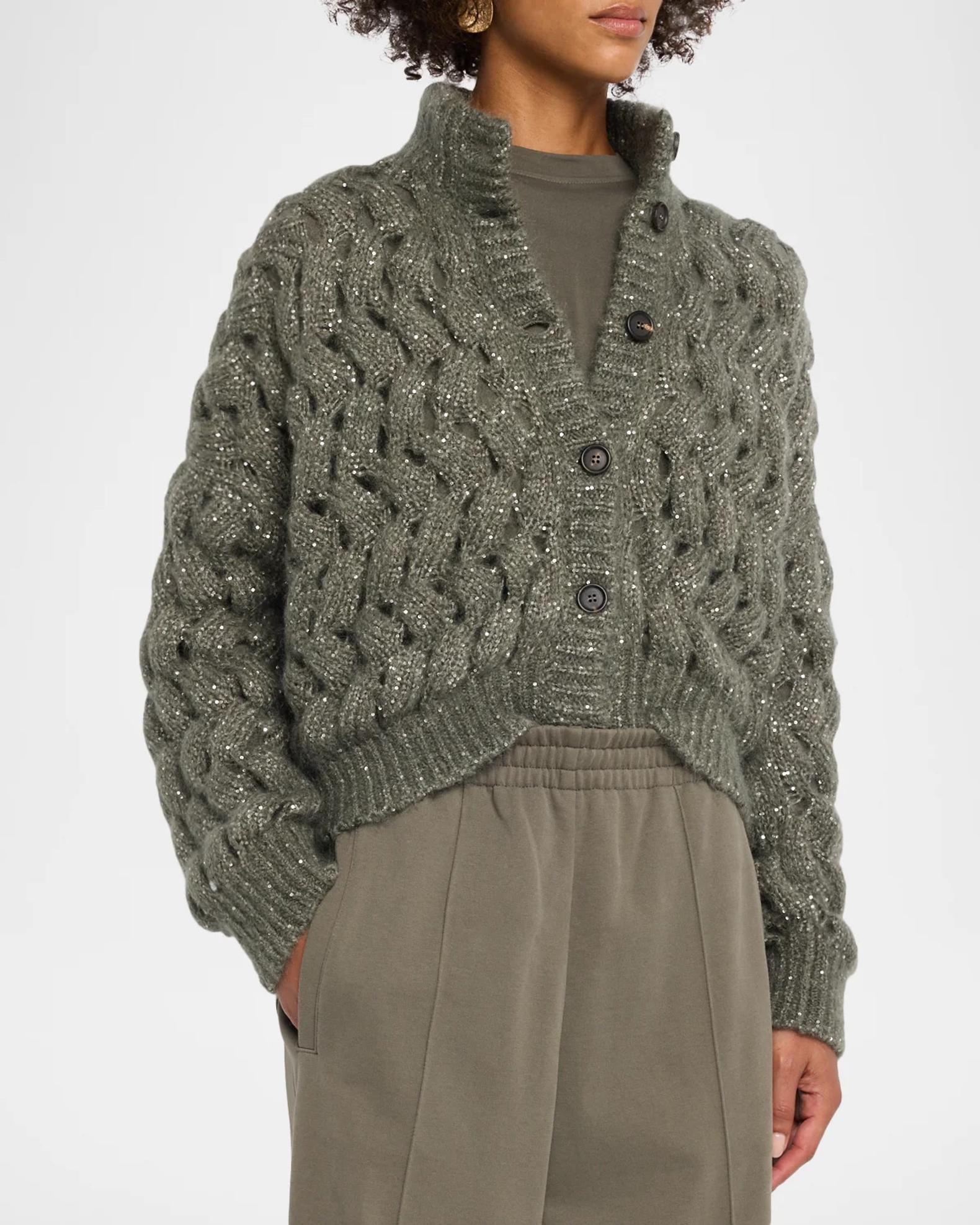 Brunello Cucinelli Ocean Waves Diamante Mohair Cardigan | Neiman