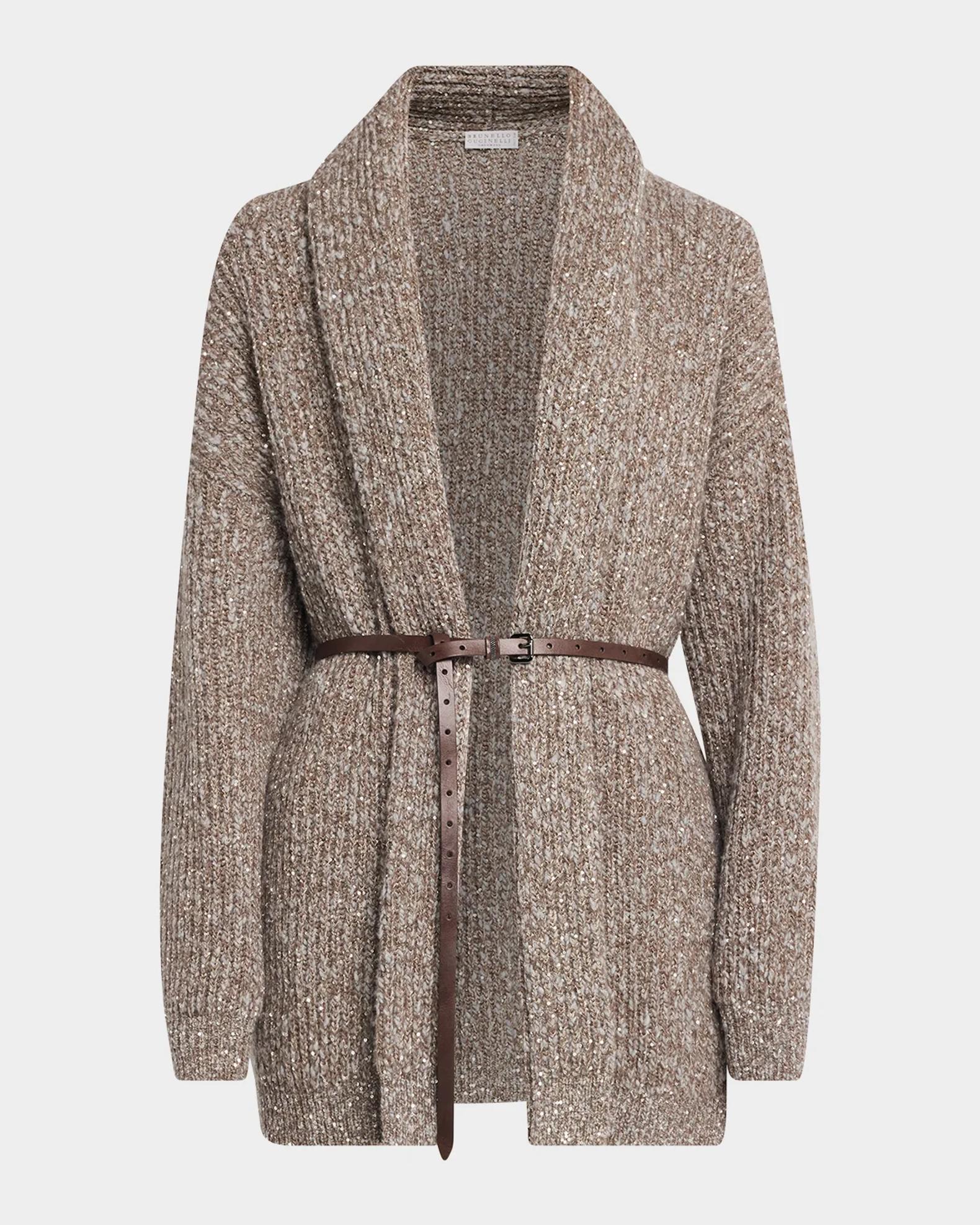 Brunello Cucinelli Micro Paillette Wool Knit Shawl-Collar Cardigan