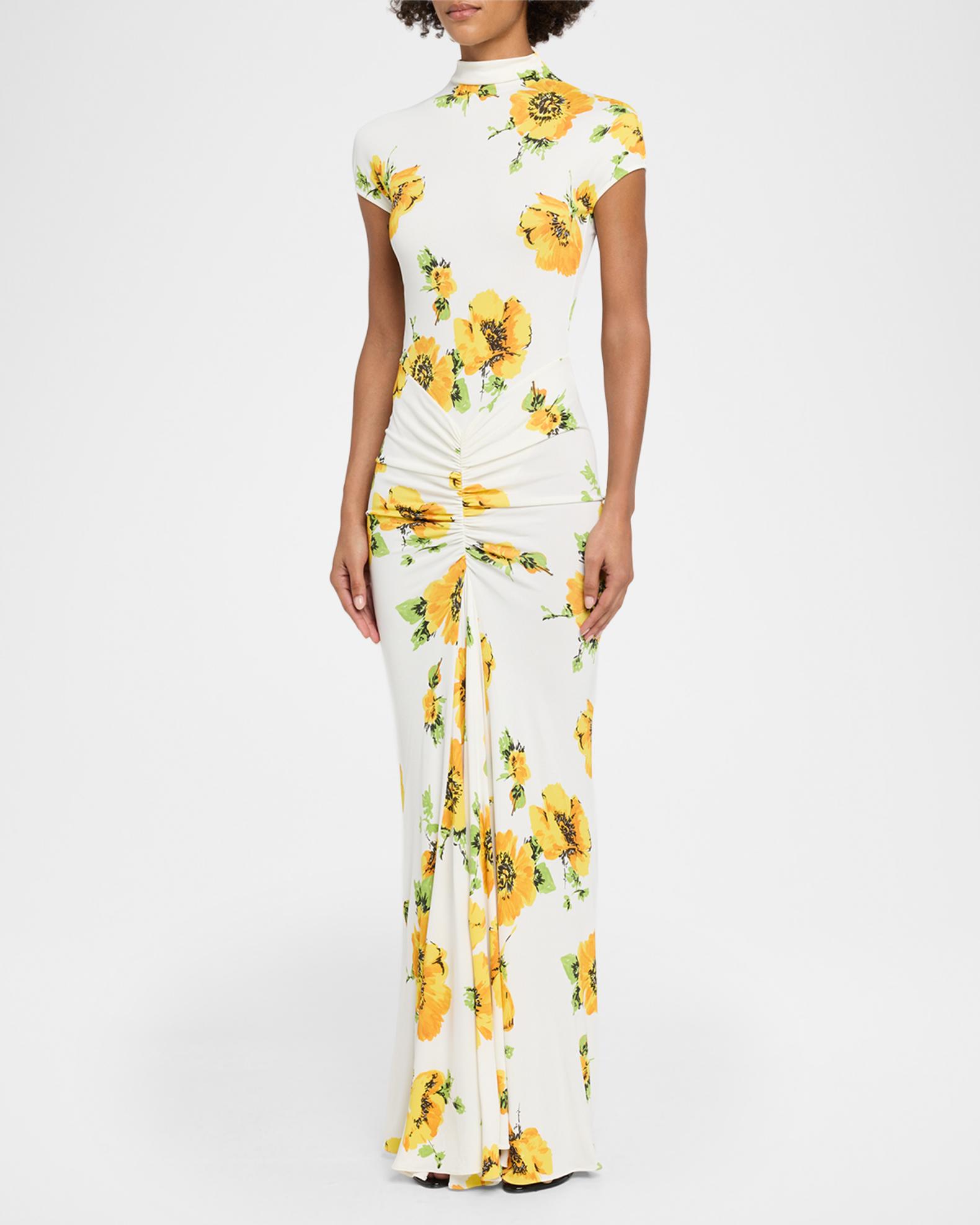 ALAÏA Mock-Neck Draped Floral Jersey Cap-Sleeve Maxi Dress
