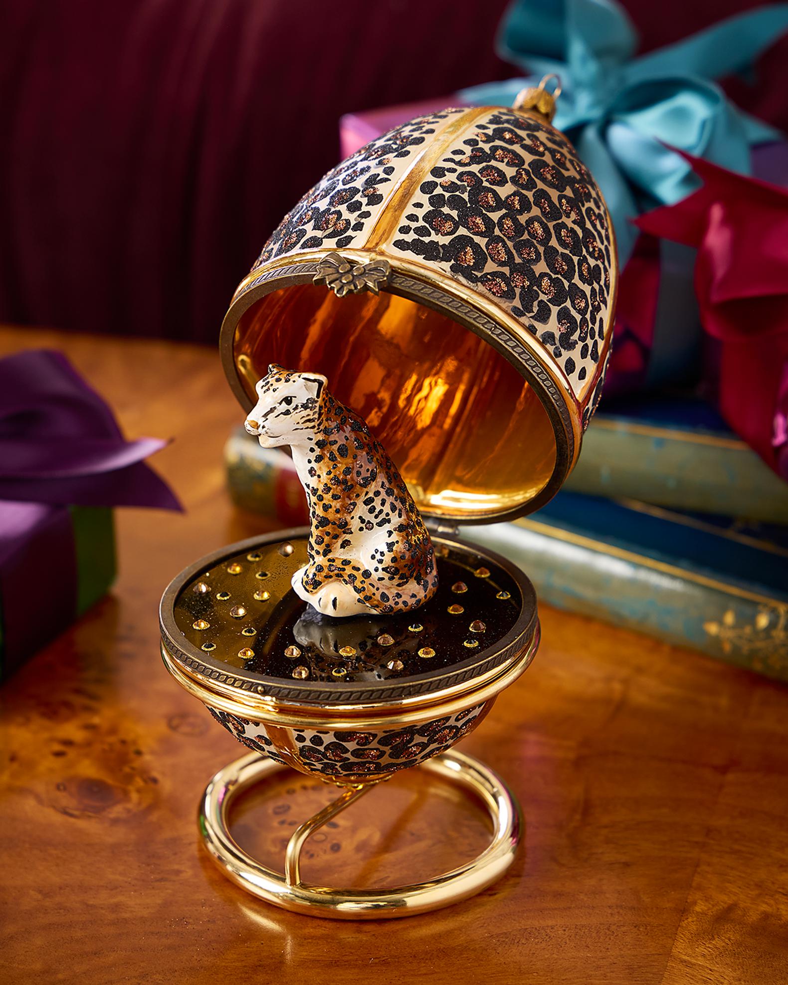 Komozja Leopard in Hinged Egg Christmas Ornament with Stand | Neiman Marcus