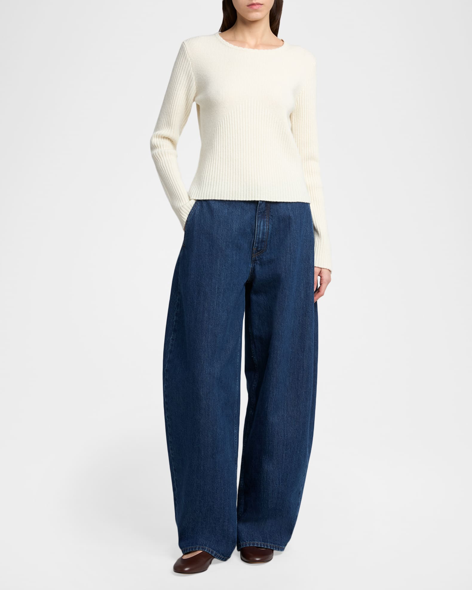 Jil Sander Wool-Cashmere Rib Crewneck Sweater | Neiman Marcus