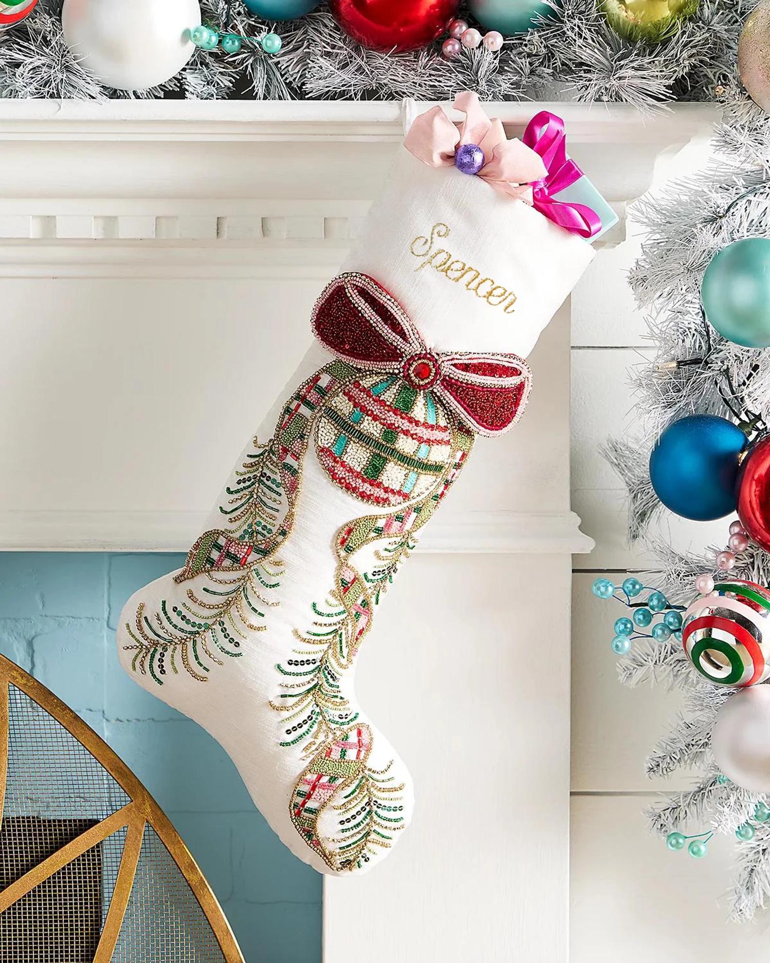 Kim Seybert Personalized Tartan Tidings Bow & Bauble Stocking | Neiman ...
