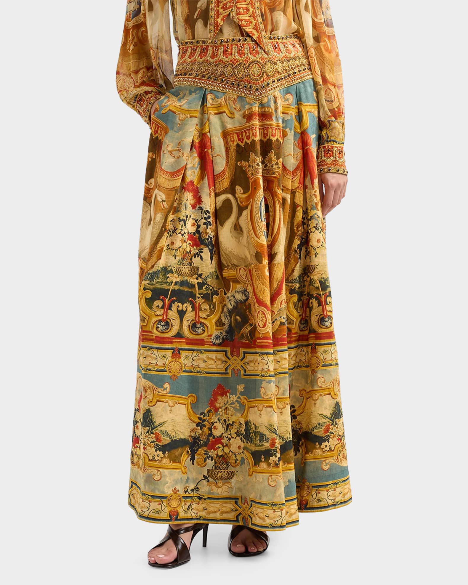 e*n様 misha Bisque Verano Fruit CamillaTa Camilla Corset Waist Linen-Silk Maxi Skirt | Neiman Marcus