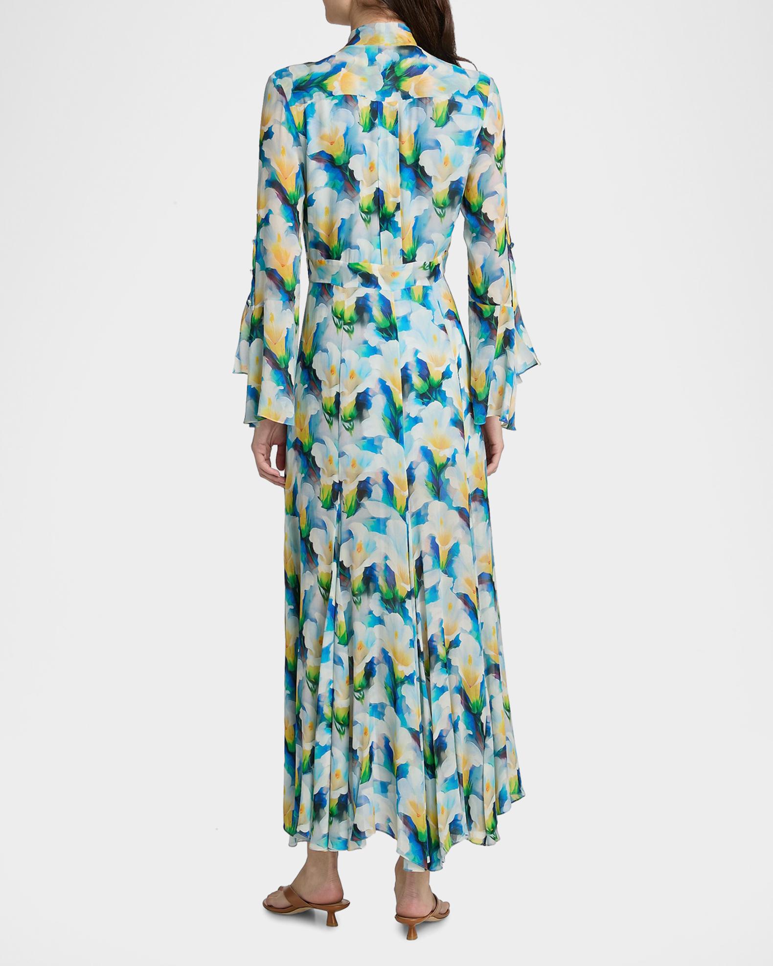 Prabal Gurung Floral Chiffon Pussy-Bow Collar Midi Dress, Blue Multi, Women's, 2
