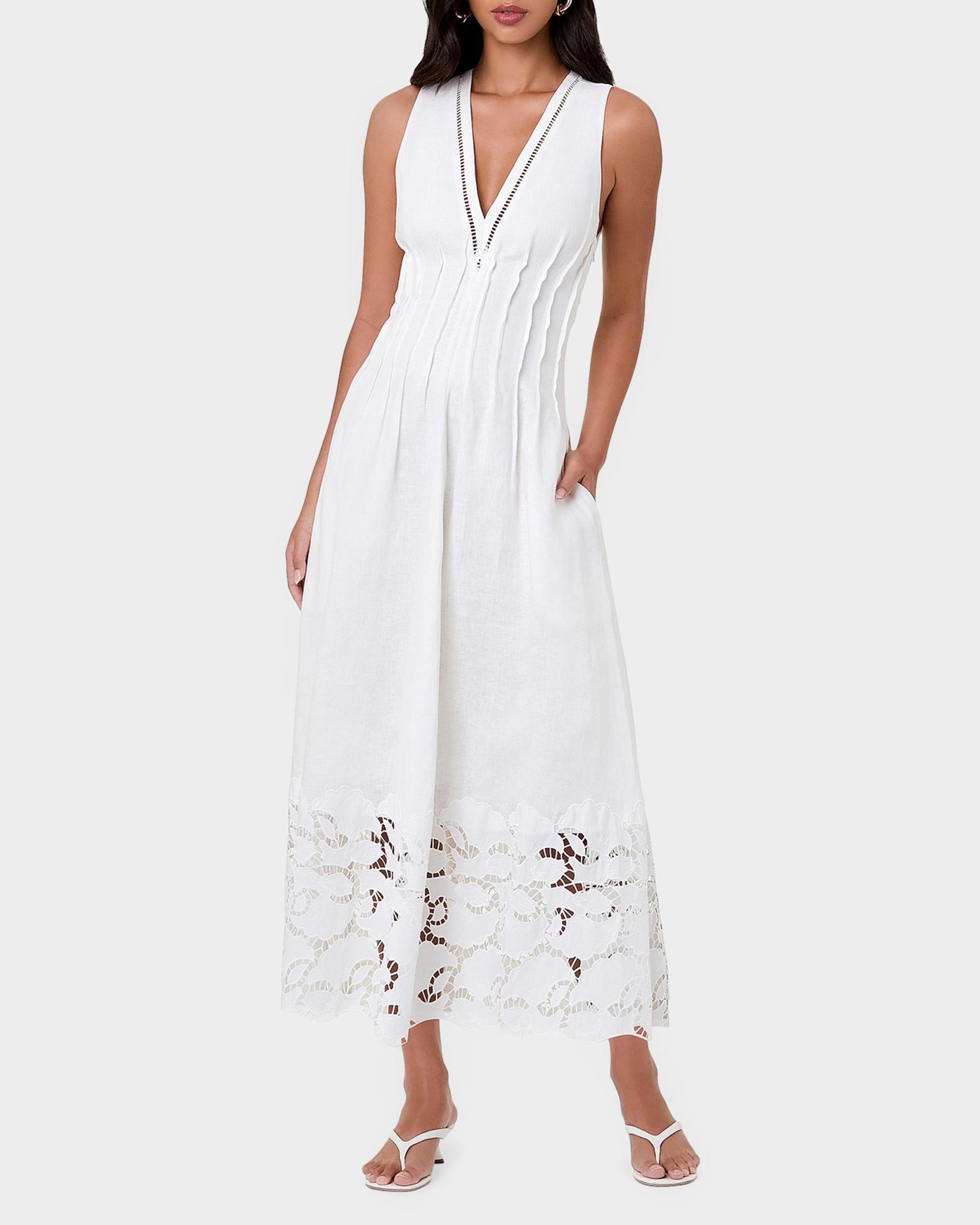 NICHOLAS Stina Broderie Linen-Blend Midi Dress | Neiman Marcus