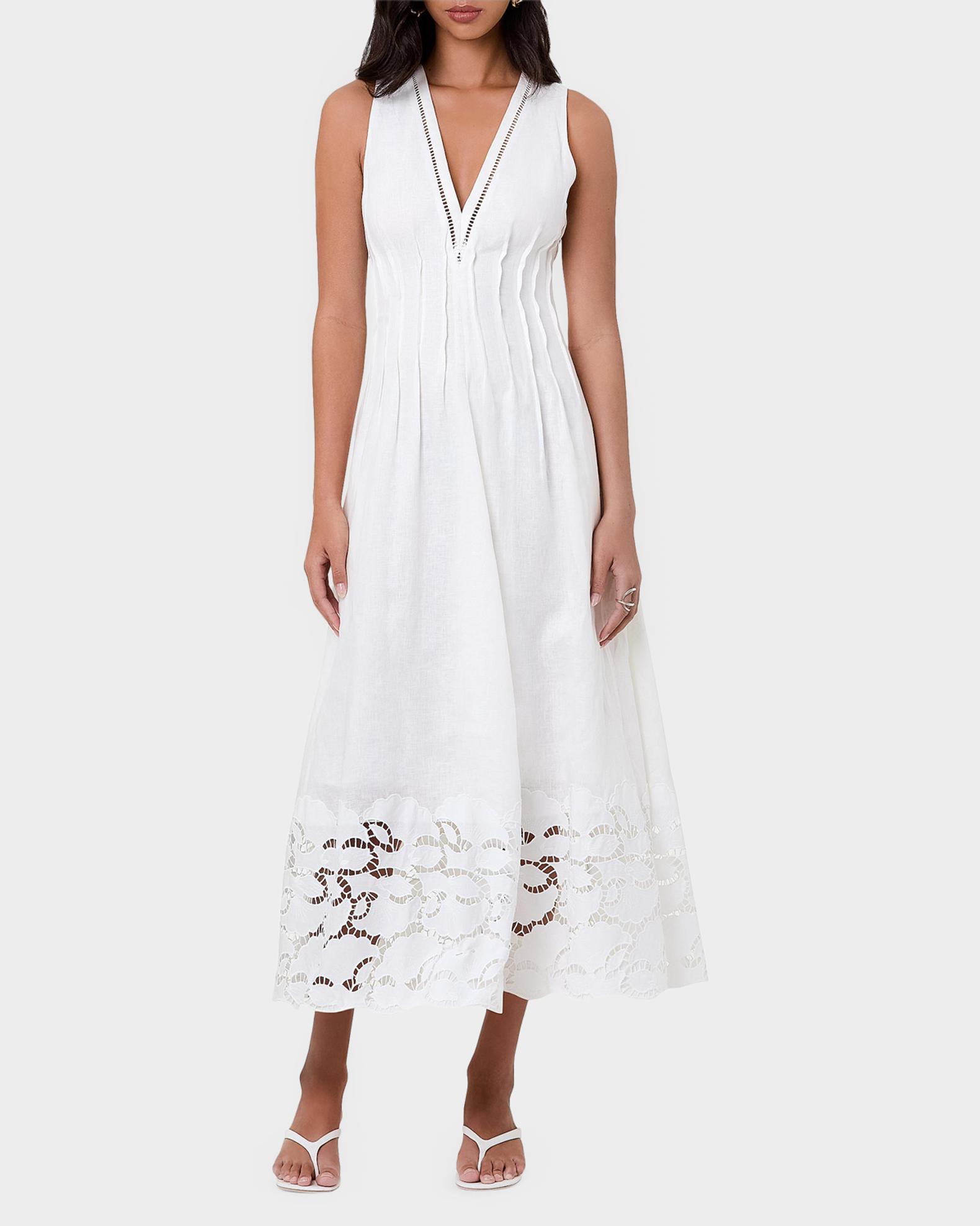 NICHOLAS Stina Broderie Linen-Blend Midi Dress | Neiman Marcus