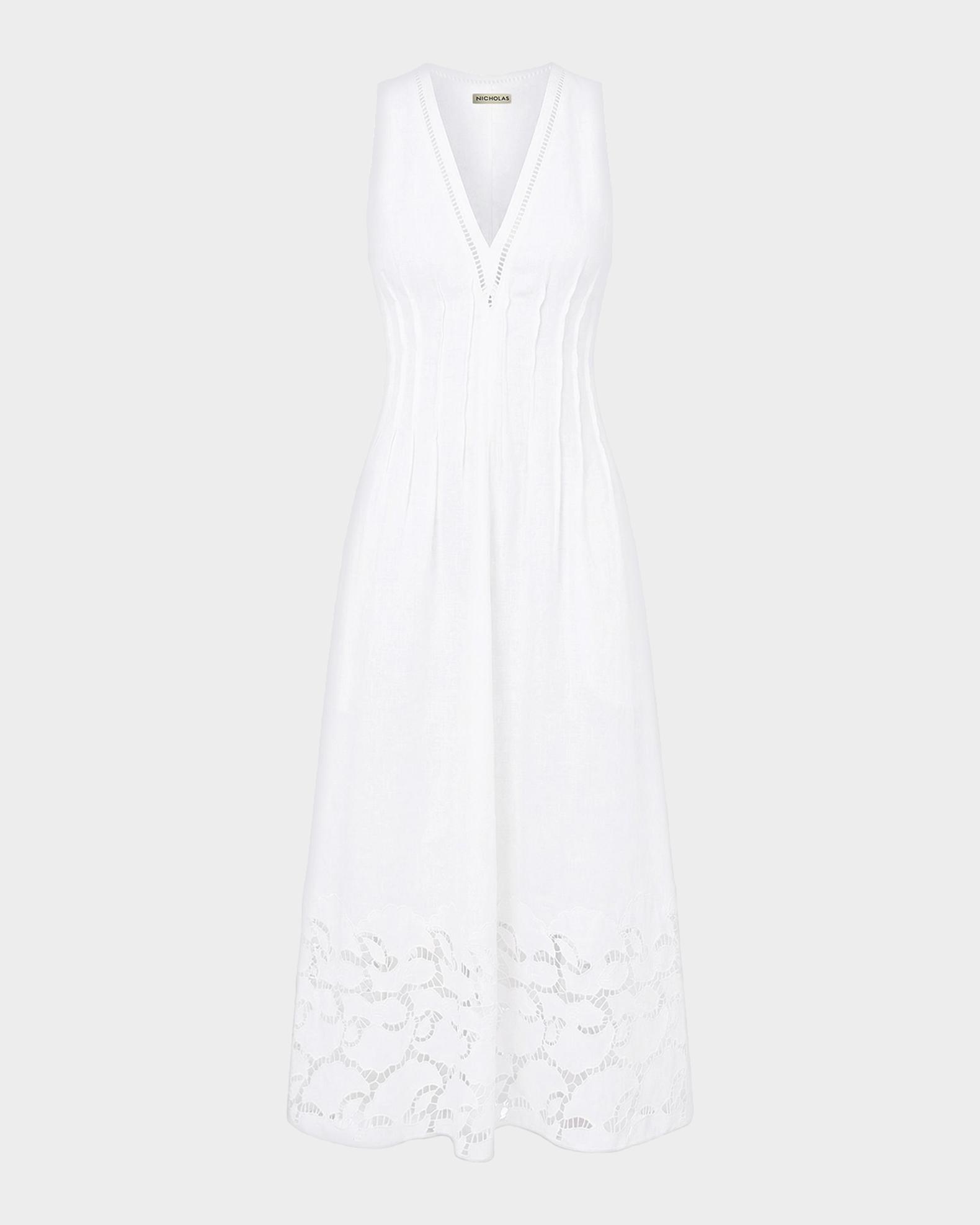 NICHOLAS Stina Broderie Linen-Blend Midi Dress | Neiman Marcus
