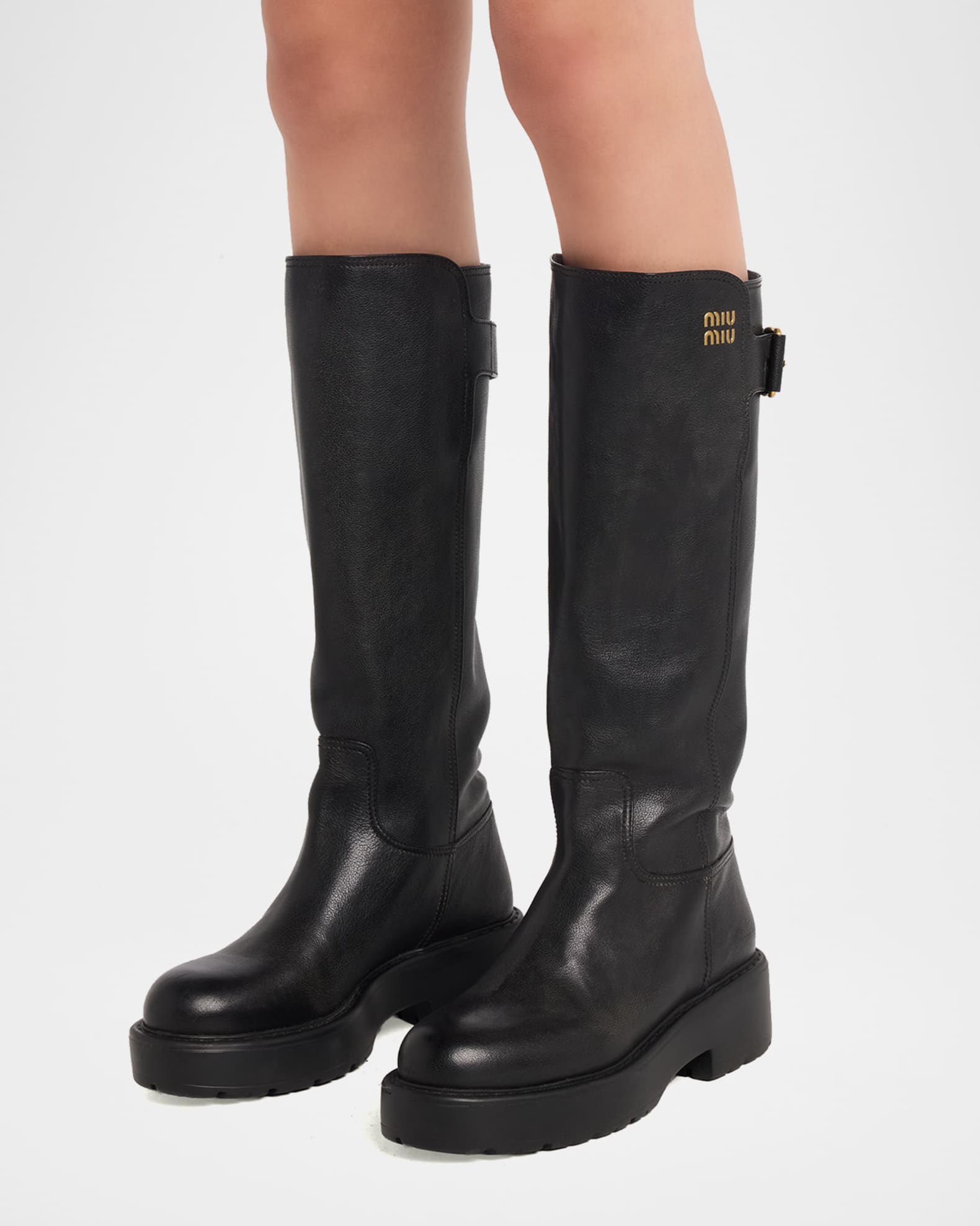 Miu Miu 55mm Leather Knee-High Lug-Sole Boots | Neiman Marcus