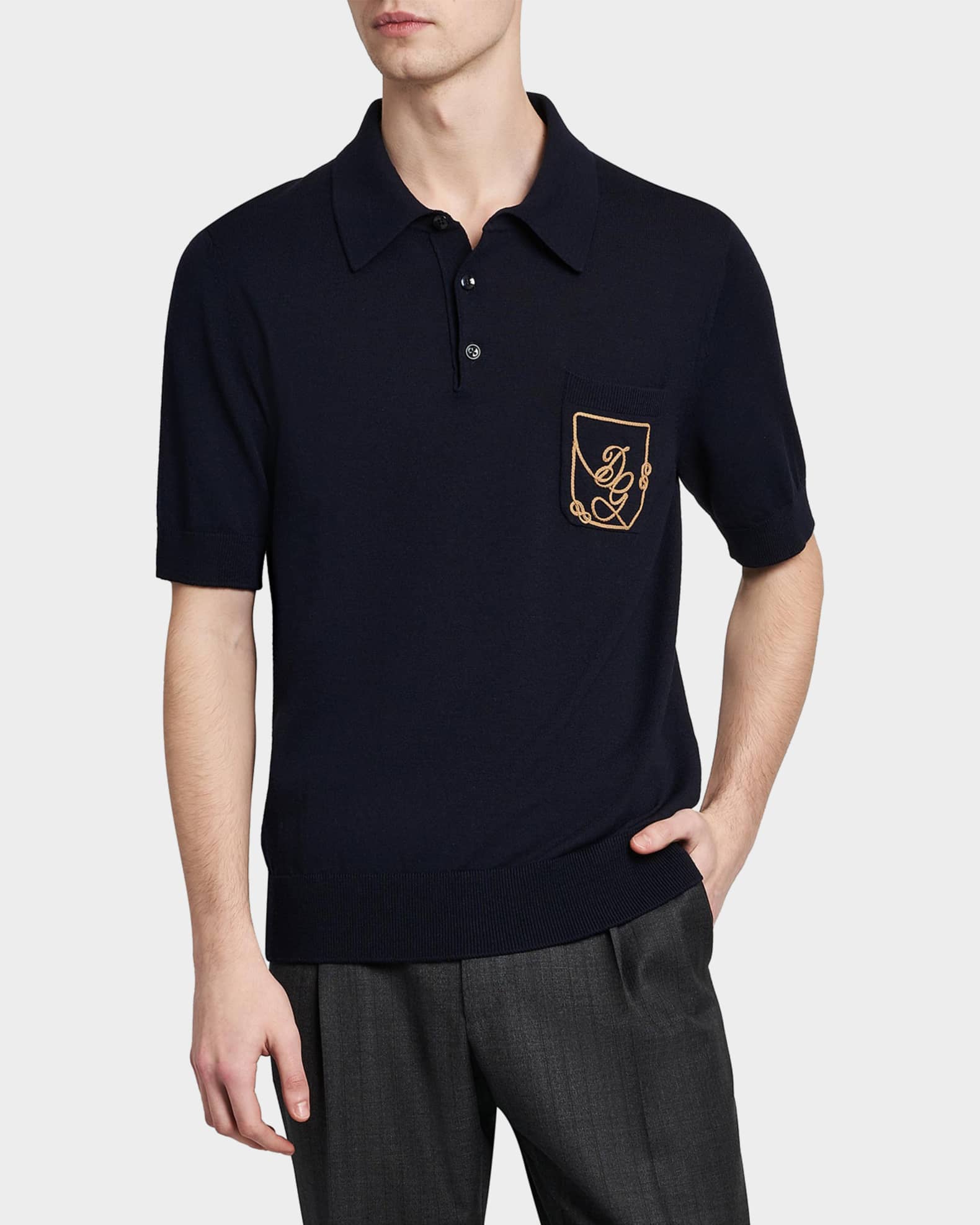 Dolce&Gabbana Men's Pocket-Logo Wool Knit Short-Sleeve Polo