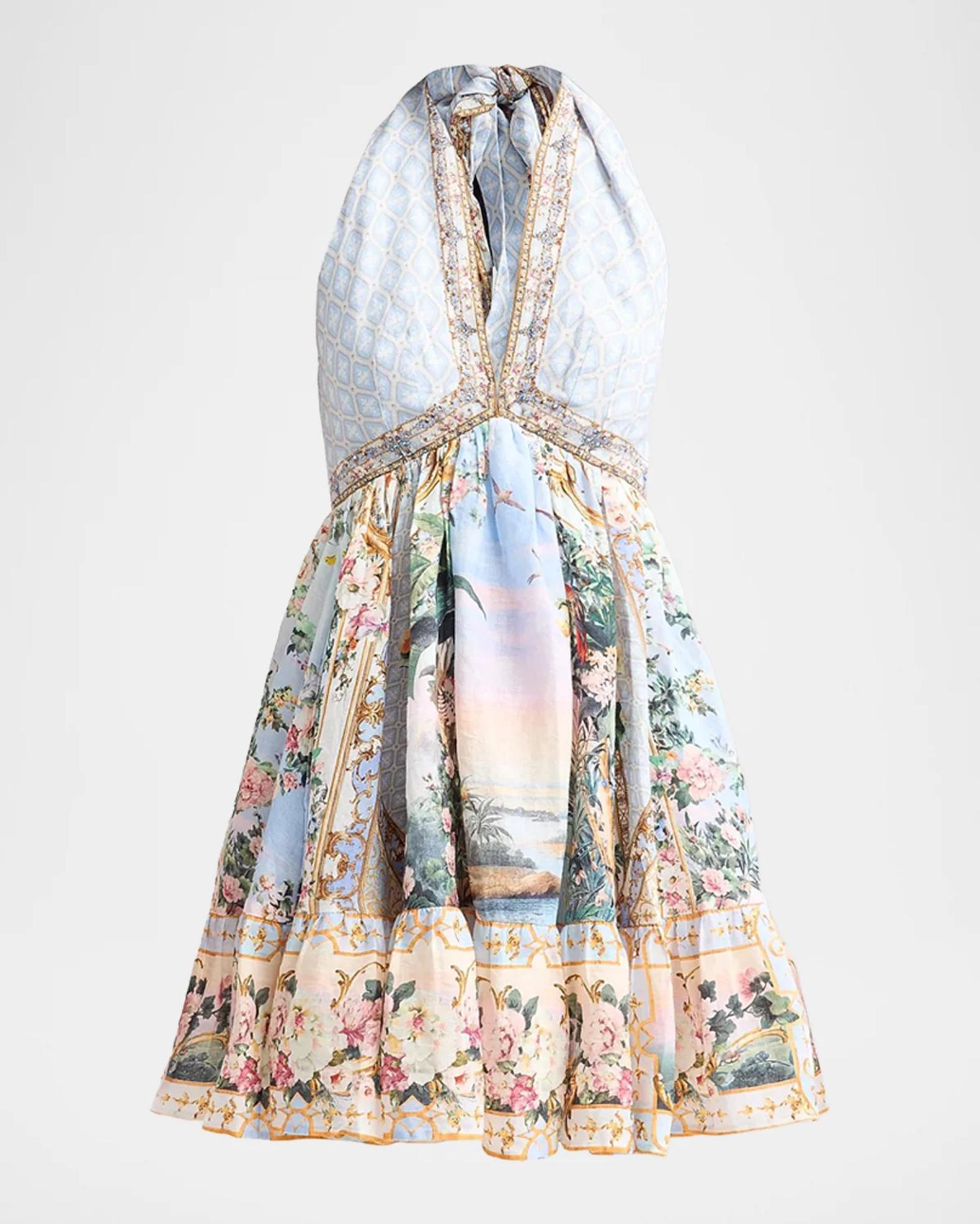 Camilla Sisi Society Print Ruffle Hem Mini Dress | Neiman Marcus