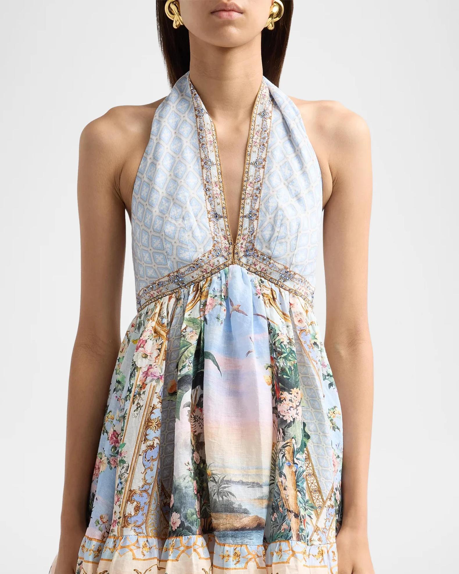 Camilla Sisi Society Print Ruffle Hem Mini Dress | Neiman Marcus