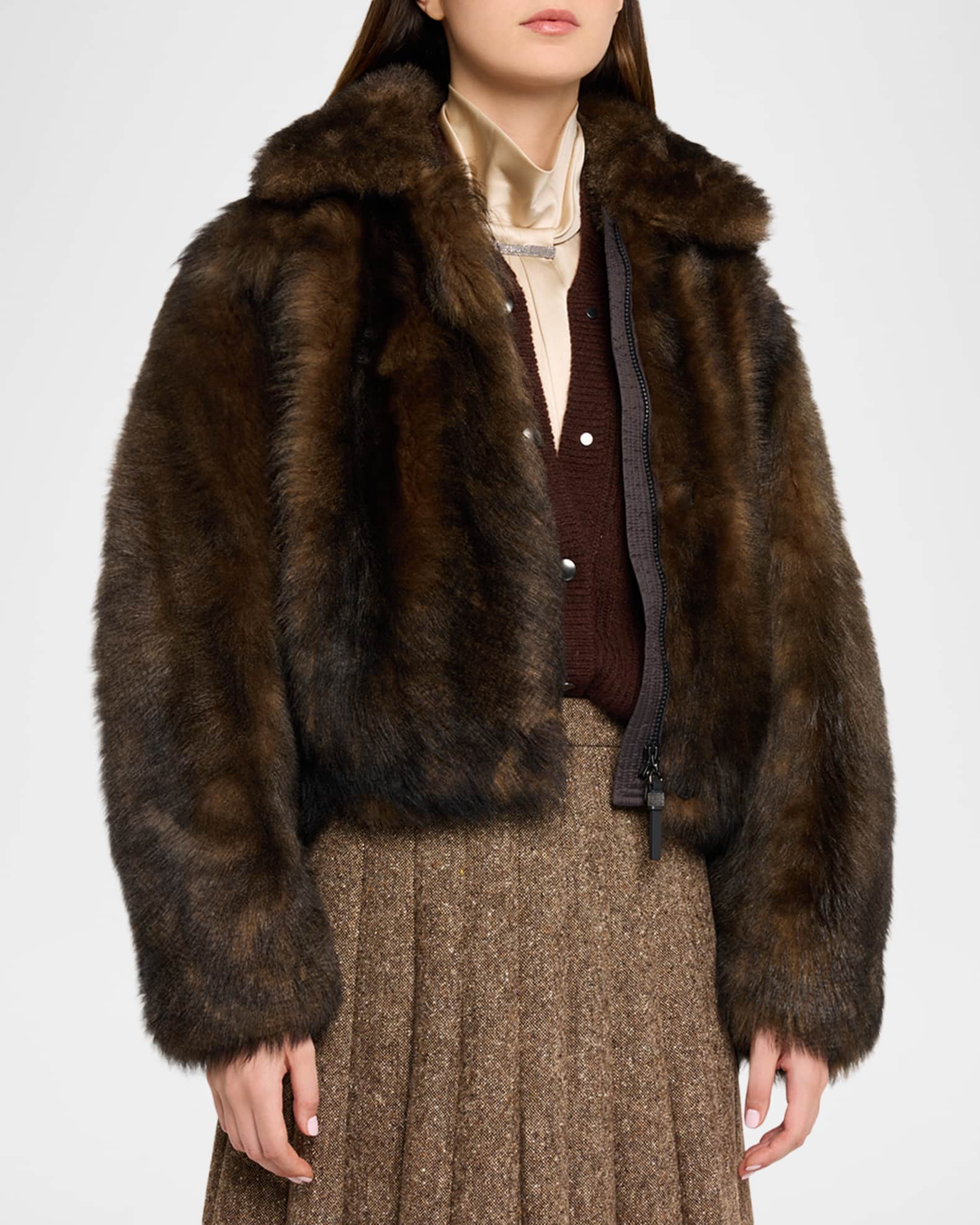 Brunello Cucinelli Lamb Shearling Zip Jacket With Monili Trim