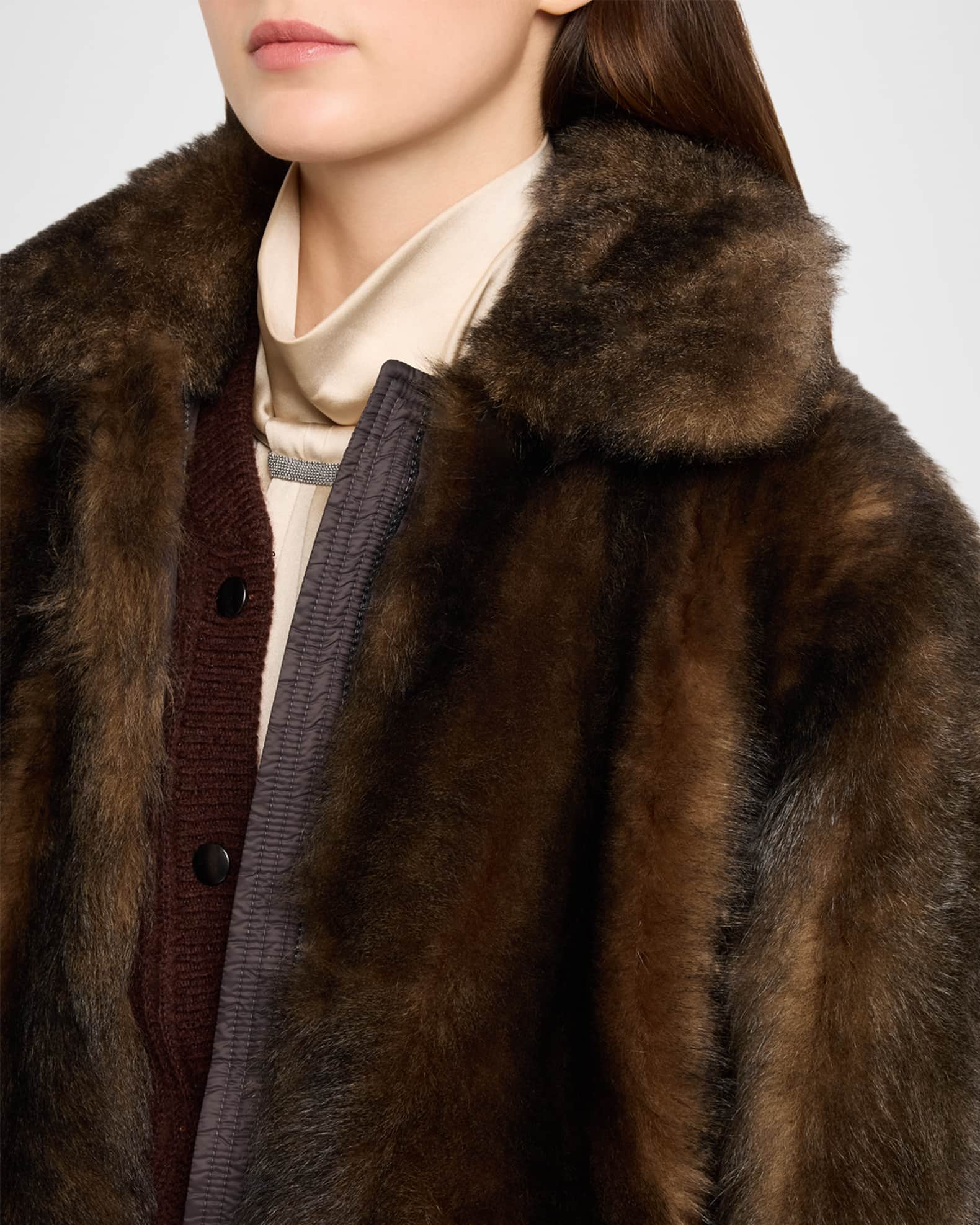 Brunello Cucinelli Lamb Shearling Zip Jacket With Monili Trim