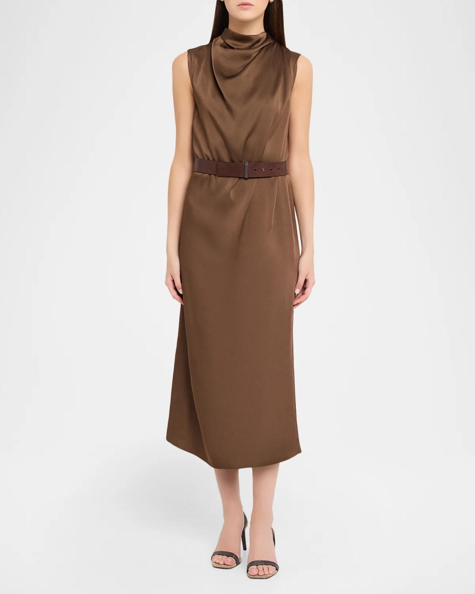 Brunello Cucinelli Cowl-Neck Fluid Satin Cady Sleeveless Belted